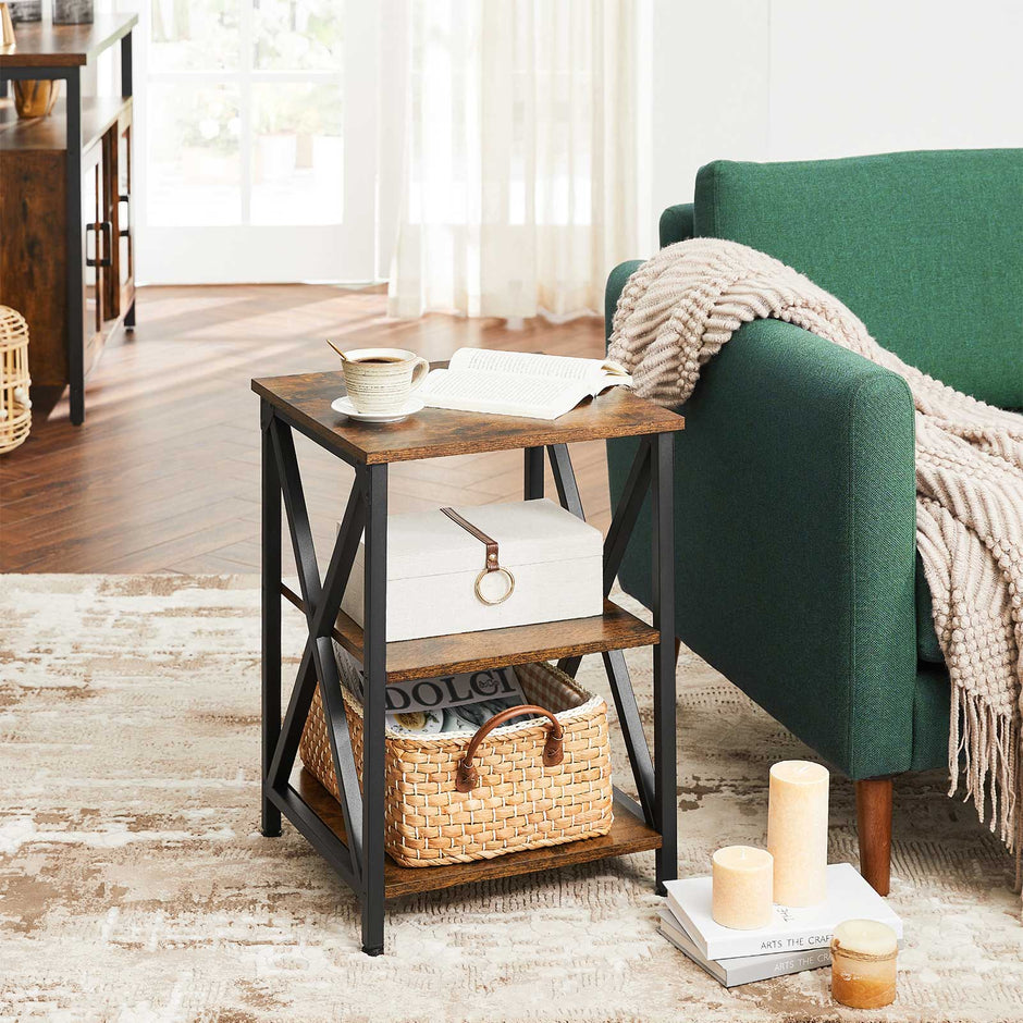 Side Table – Wood and Steel – Rustic Brown and Black – X-Shape Frame with 2 Storage Shelves