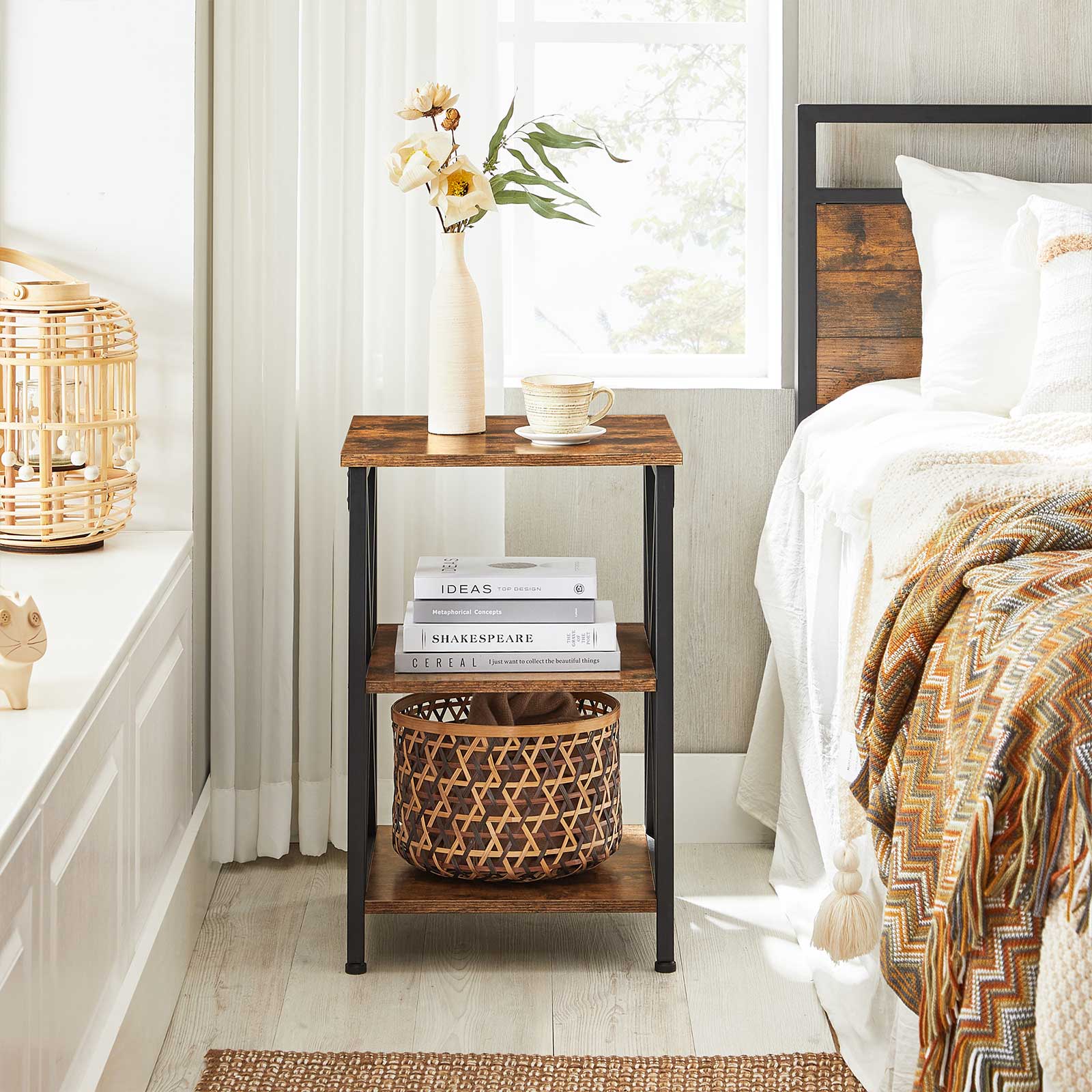 Side Table – Wood and Steel – Rustic Brown and Black – X-Shape Frame with 2 Storage Shelves