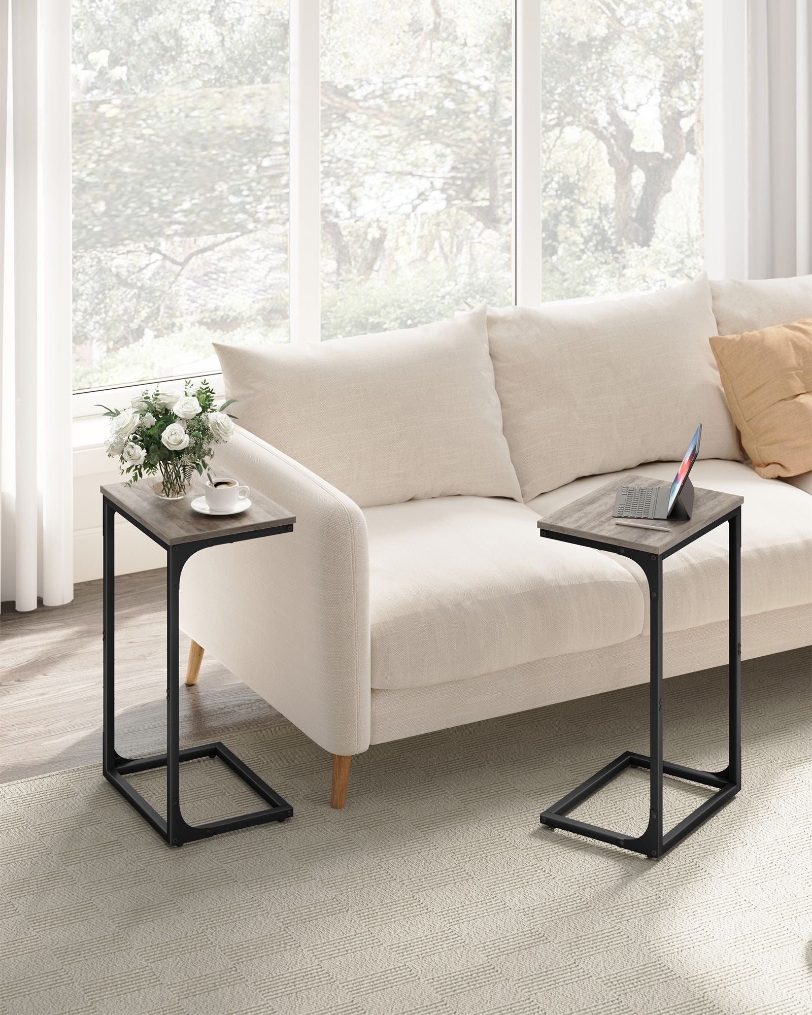 C-Shaped Side Tables Set of 2 – Metal Frame – Heather Greige and Ink Black – Industrial Design