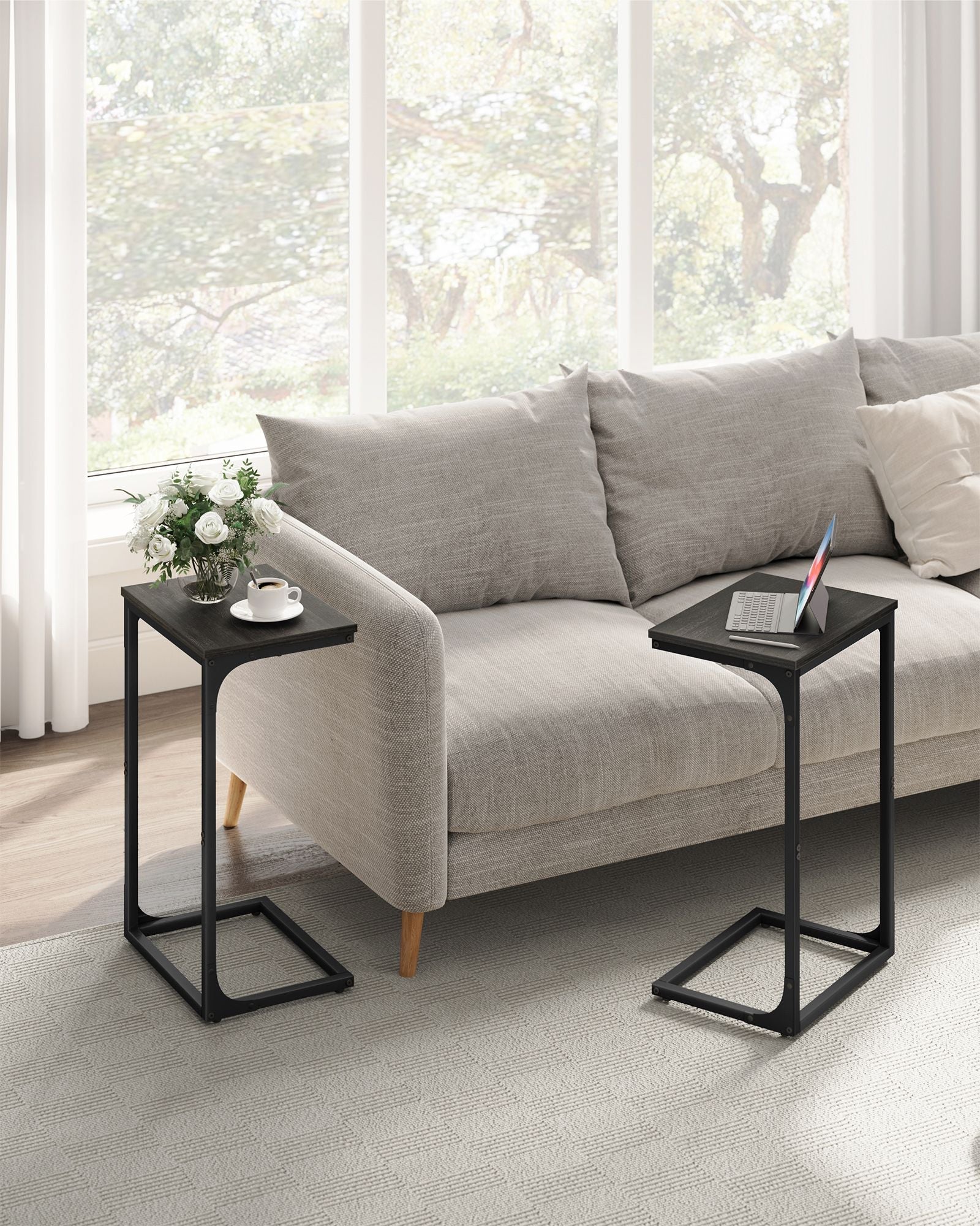 C-Shaped Side Tables Set of 2 – Grey Oak and Ink Black – Industrial Metal Frame