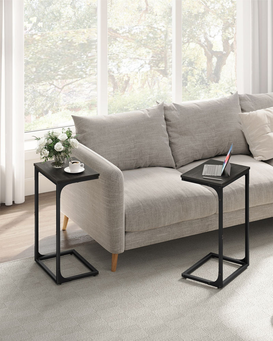C-Shaped Side Tables Set of 2 – Grey Oak and Ink Black – Industrial Metal Frame