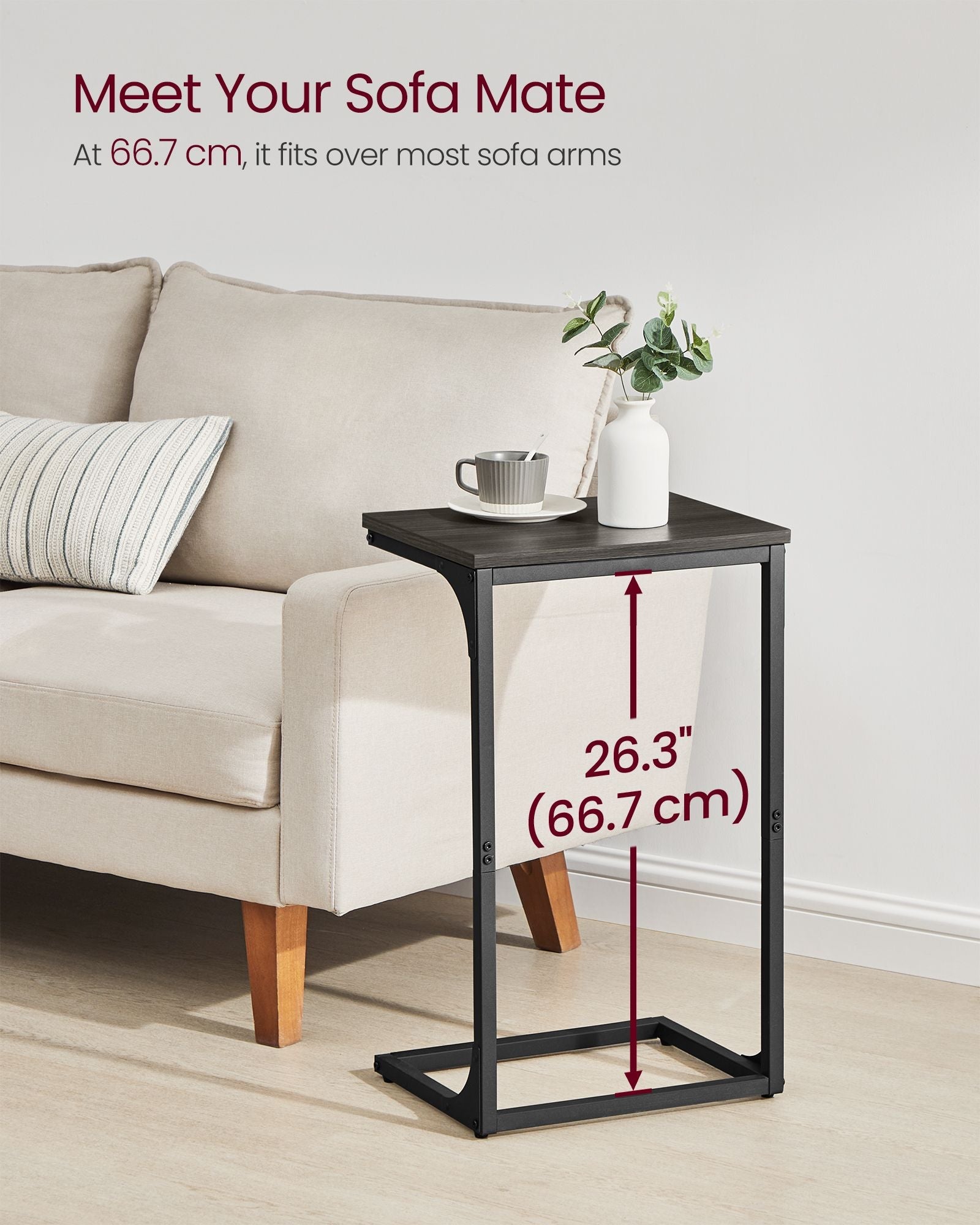 C-Shaped Side Tables Set of 2 – Grey Oak and Ink Black – Industrial Metal Frame