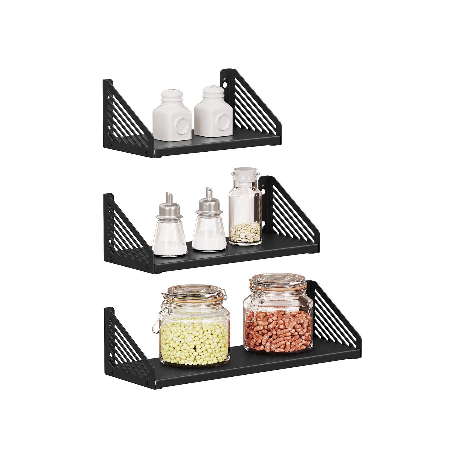Metal Wall-Mounted Floating Shelves – Black – Set of 3 for Trinkets and Decorations