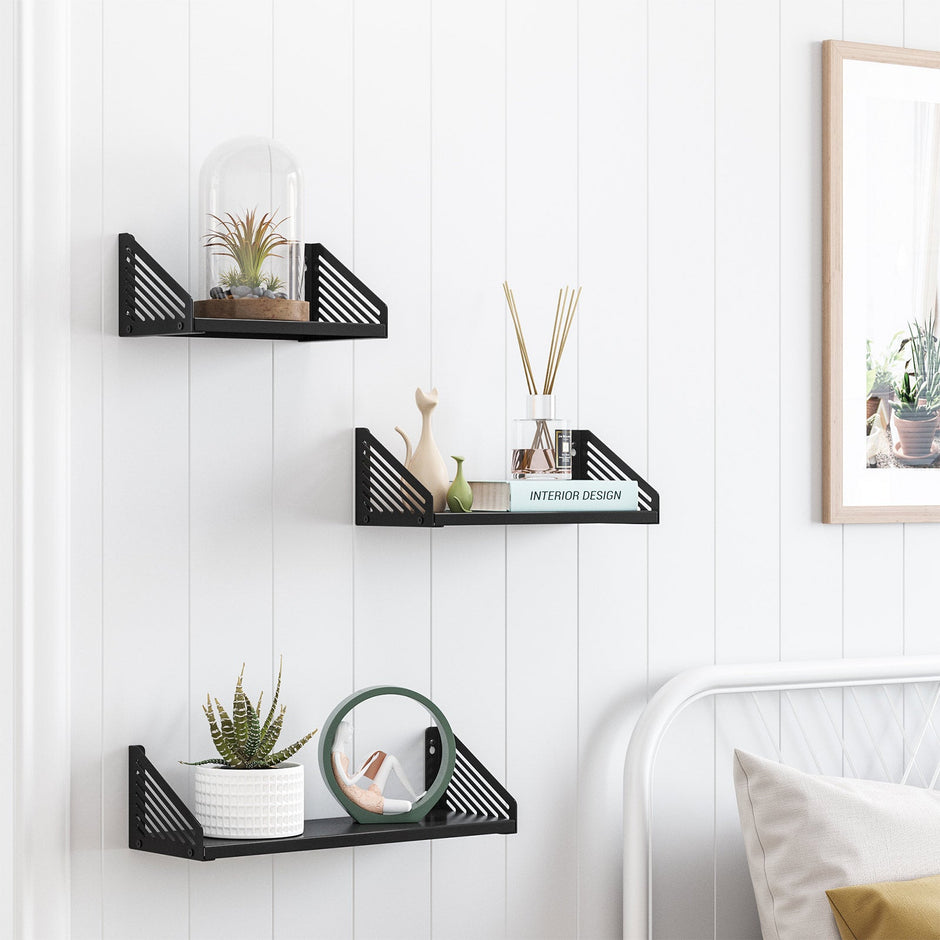 Metal Wall-Mounted Floating Shelves – Black – Set of 3 for Trinkets and Decorations