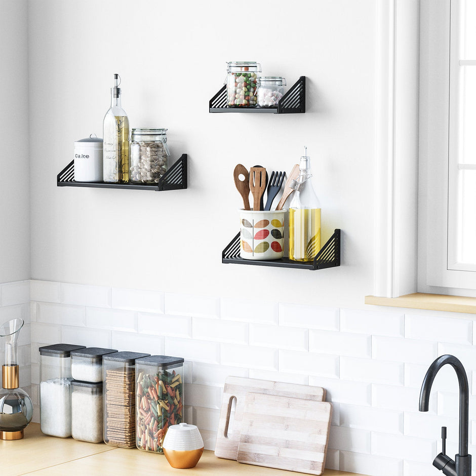 Metal Wall-Mounted Floating Shelves – Black – Set of 3 for Trinkets and Decorations