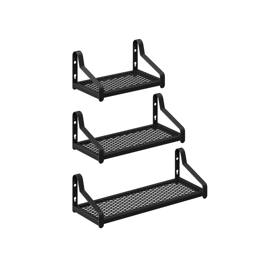 Set of 3 Wall-Mounted Metal Display Shelves – Metal – Black – Industrial Design for Trinkets, Photos, Plants, and Decorations
