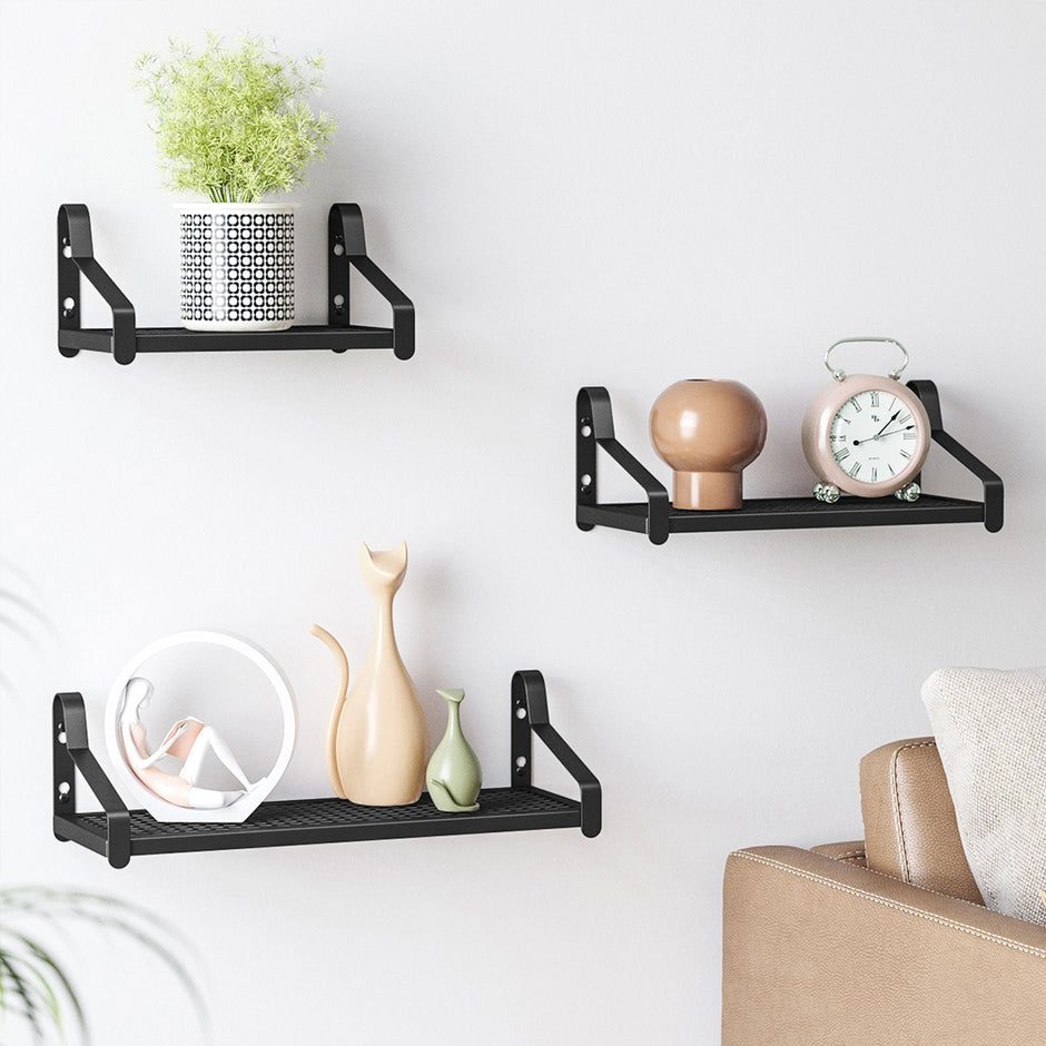 Set of 3 Wall-Mounted Metal Display Shelves – Metal – Black – Industrial Design for Trinkets, Photos, Plants, and Decorations