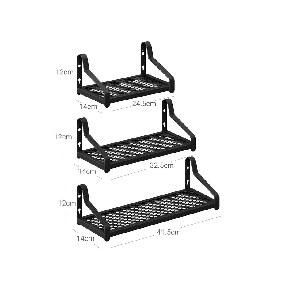 Set of 3 Wall-Mounted Metal Display Shelves – Metal – Black – Industrial Design for Trinkets, Photos, Plants, and Decorations