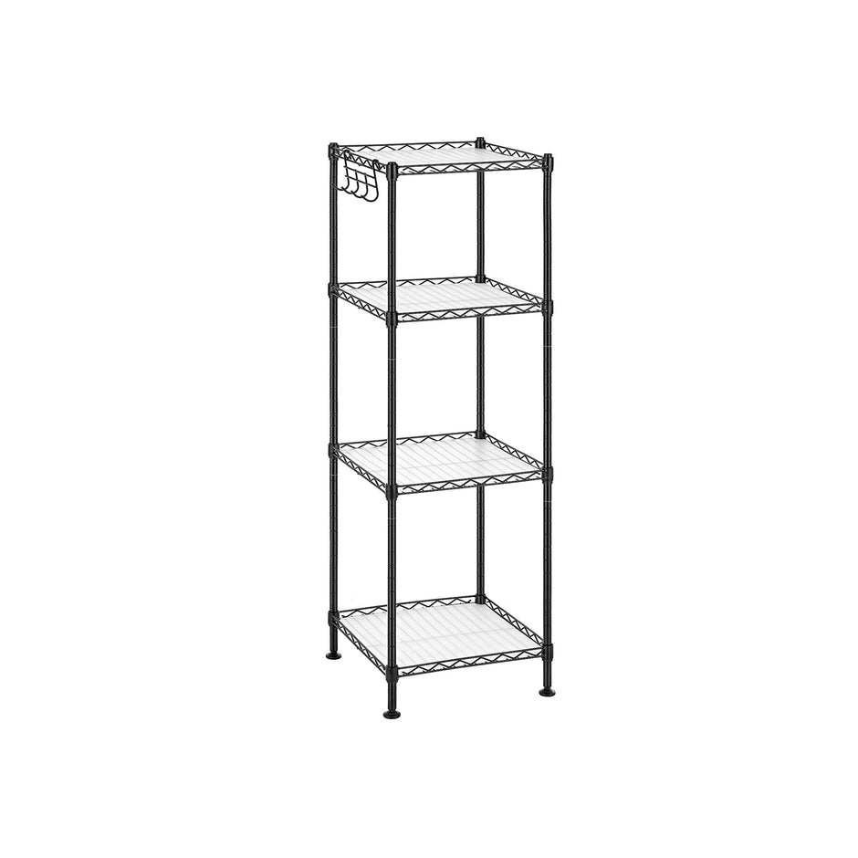 4-Tier Bathroom Shelf – Metal – Black – Space-Saving Design with Removable Hooks