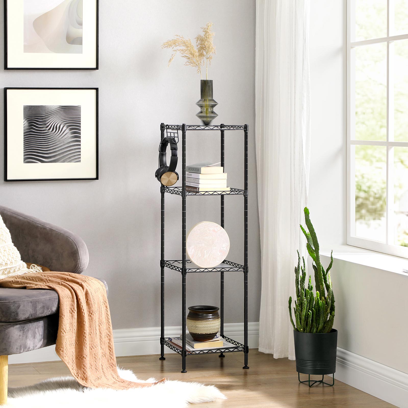 4-Tier Bathroom Shelf – Metal – Black – Space-Saving Design with Removable Hooks