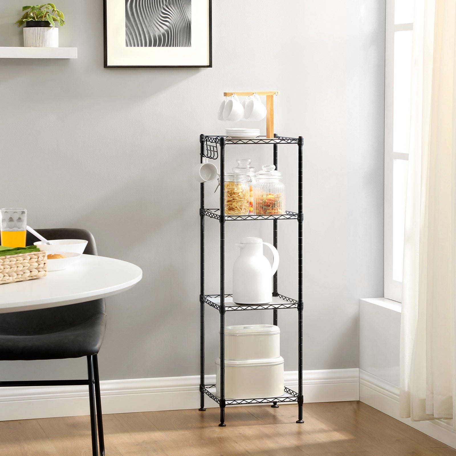 4-Tier Bathroom Shelf – Metal – Black – Space-Saving Design with Removable Hooks