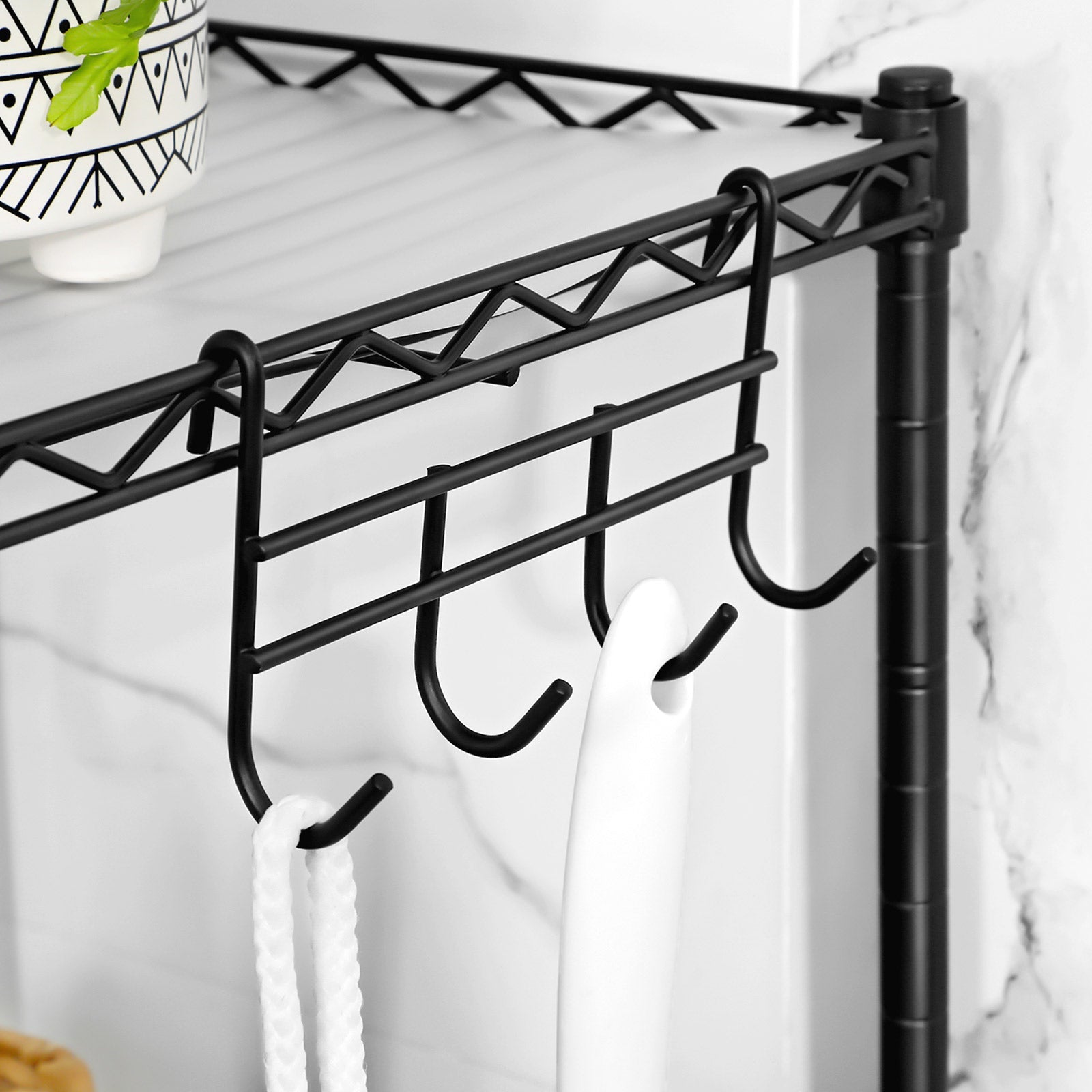 4-Tier Bathroom Shelf – Metal – Black – Space-Saving Design with Removable Hooks