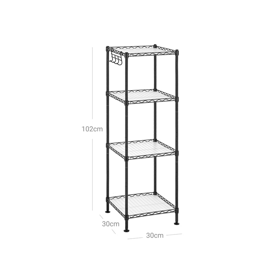 4-Tier Bathroom Shelf – Metal – Black – Space-Saving Design with Removable Hooks