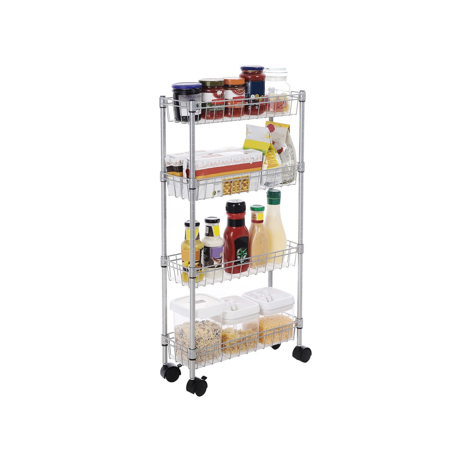 4-Tier Slim Storage Cart – Metal – Silver – Rolling Design for Small Spaces