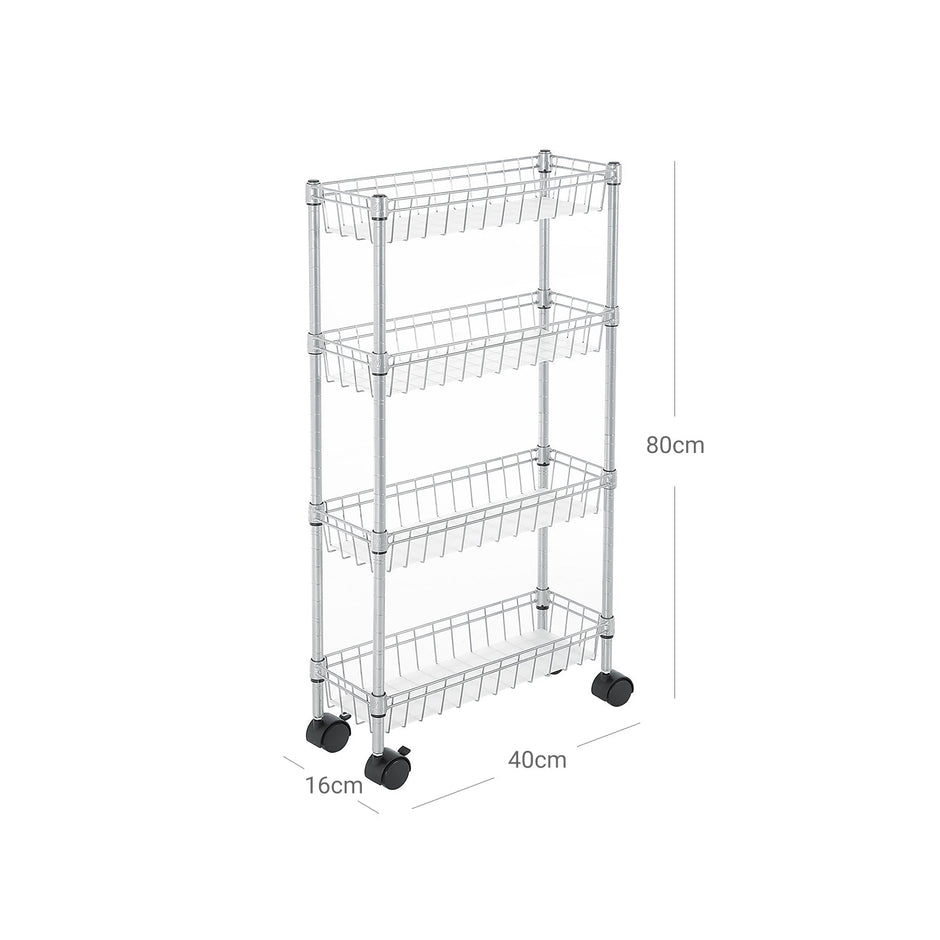 4-Tier Slim Storage Cart – Metal – Silver – Rolling Design for Small Spaces