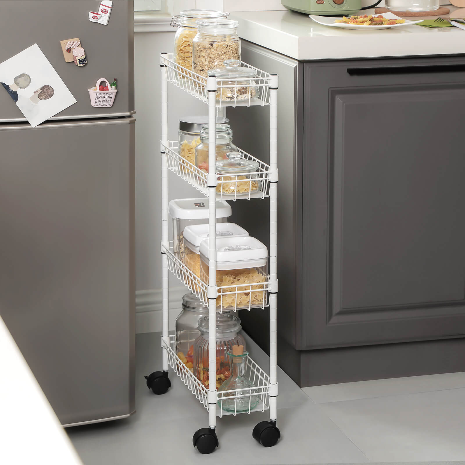Narrow Metal Storage Cart – Silver – 4-Tier – Rolling Trolley for Small Spaces