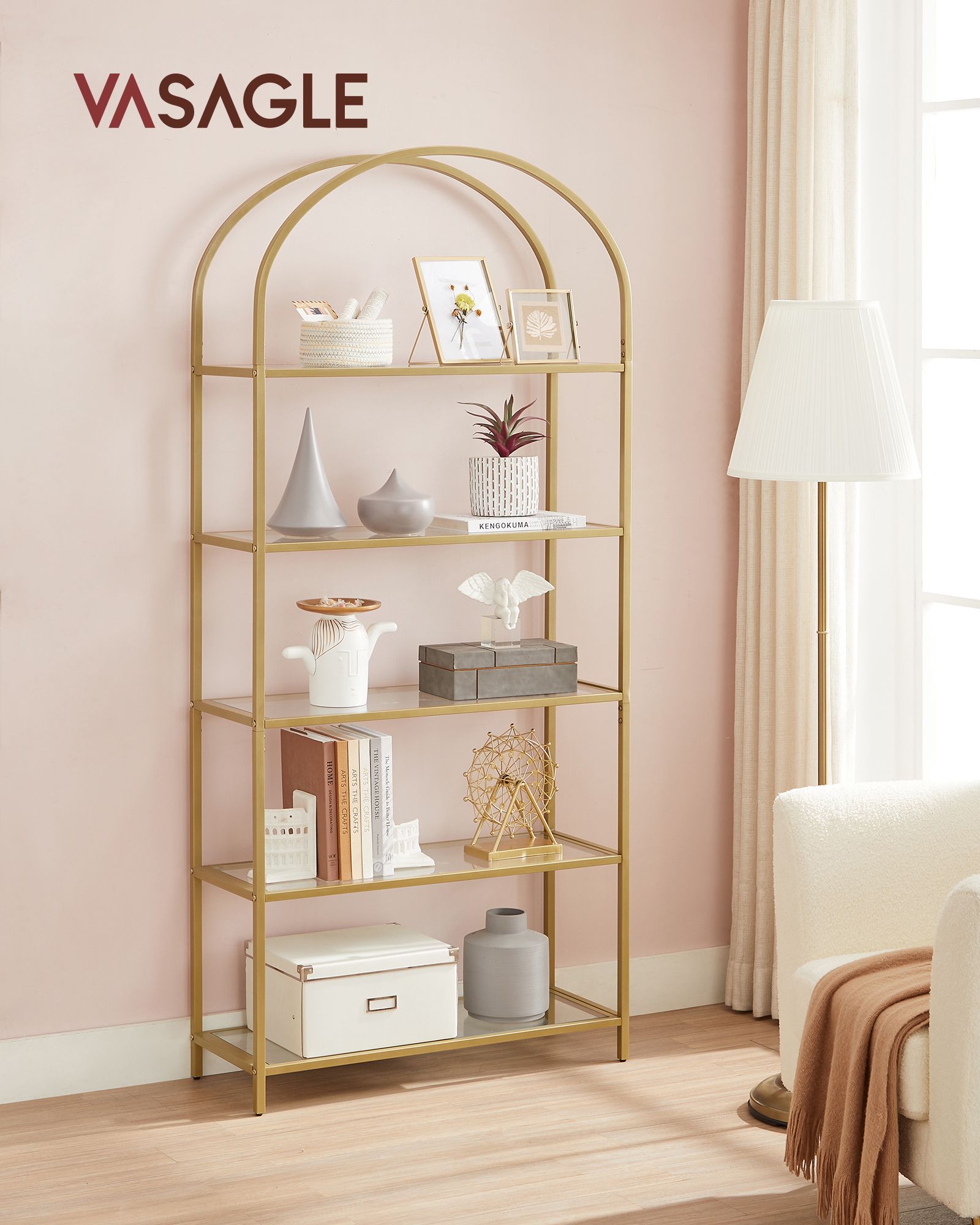 Ladder Shelving Unit – Glass – Gold – 5-Tier Design