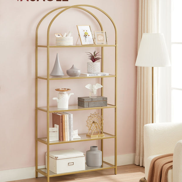 Ladder Shelving Unit – Glass – Gold – 5-Tier Design