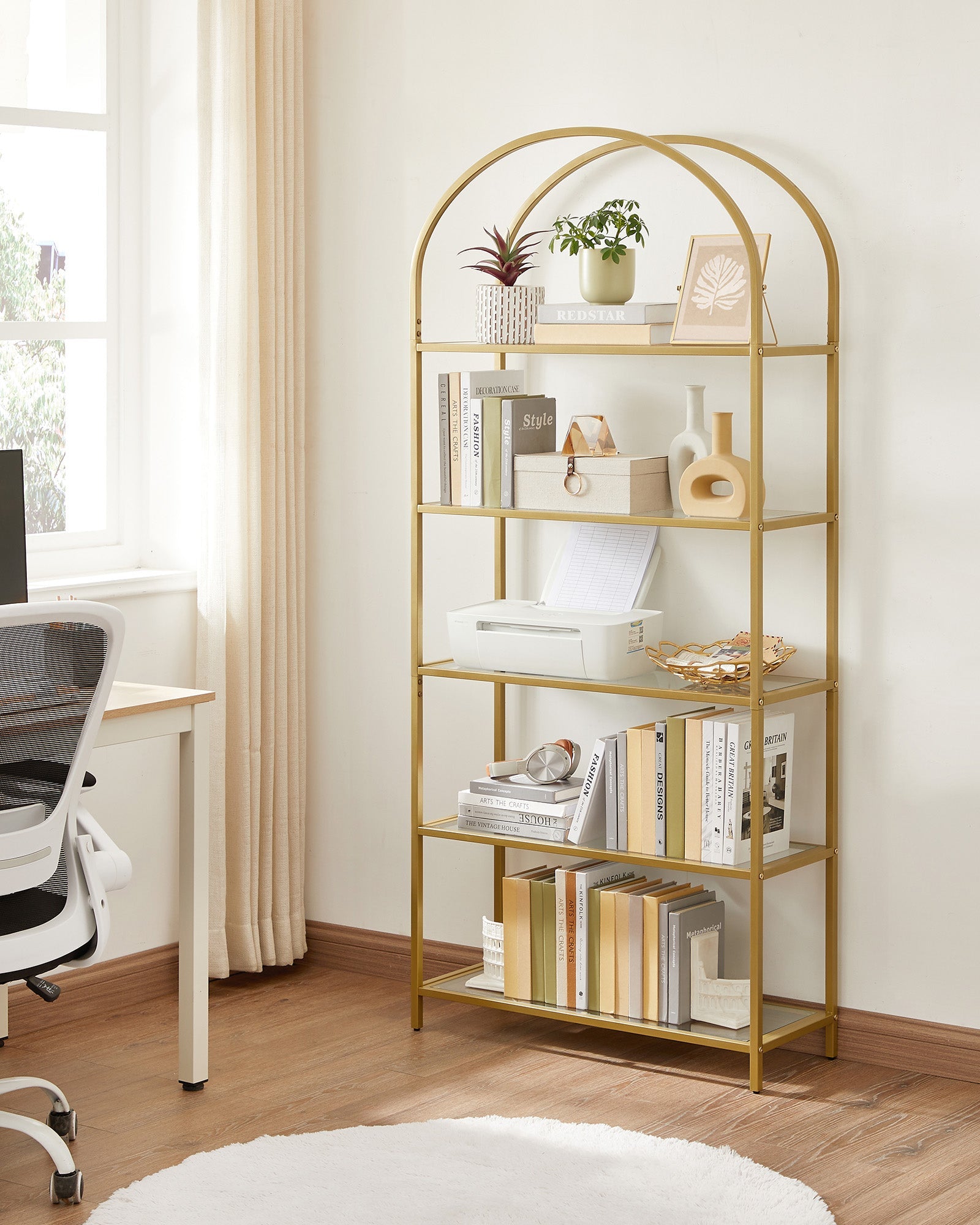 Ladder Shelving Unit – Glass – Gold – 5-Tier Design