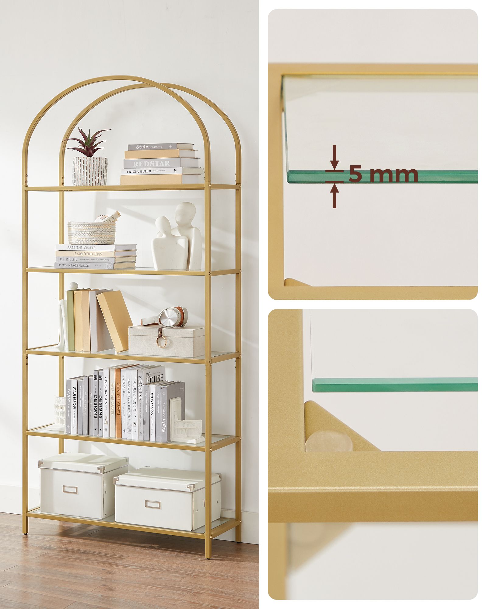 Ladder Shelving Unit – Glass – Gold – 5-Tier Design