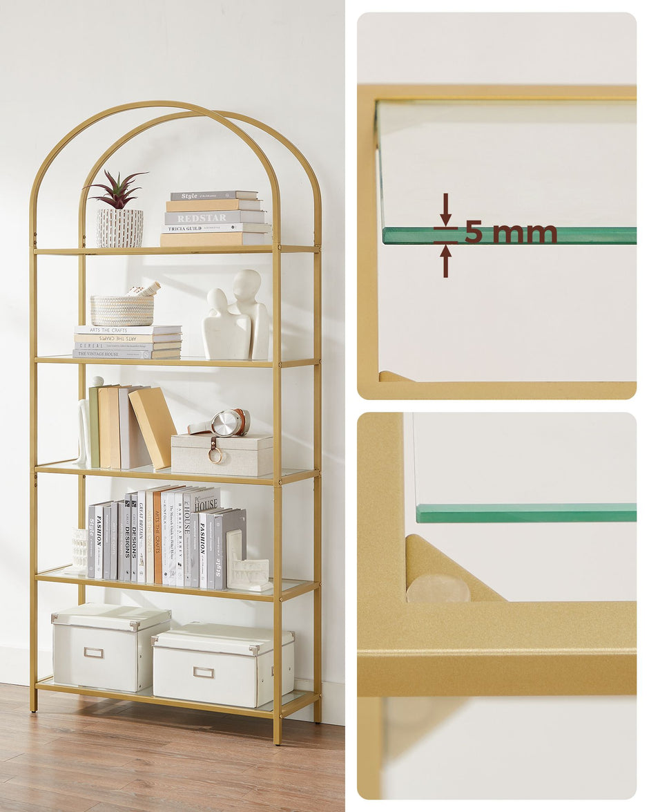 Ladder Shelving Unit – Glass – Gold – 5-Tier Design