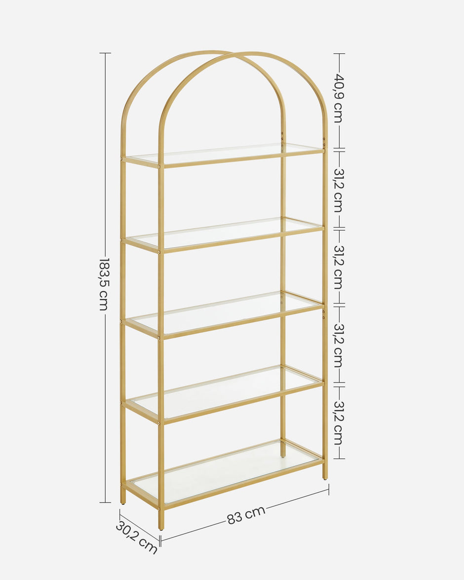 Ladder Shelving Unit – Glass – Gold – 5-Tier Design