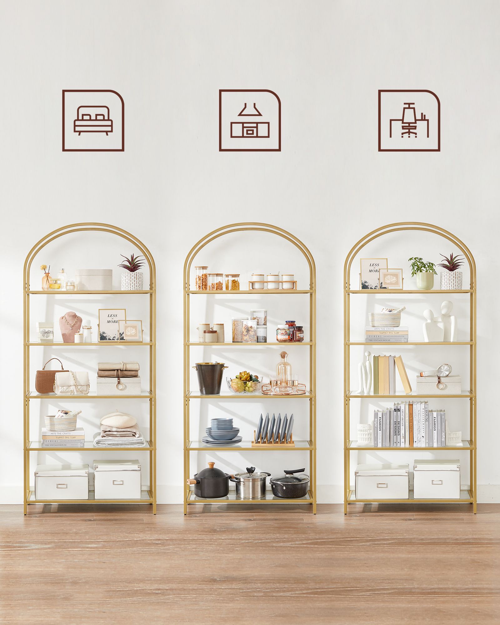 Ladder Shelving Unit – Glass – Gold – 5-Tier Design