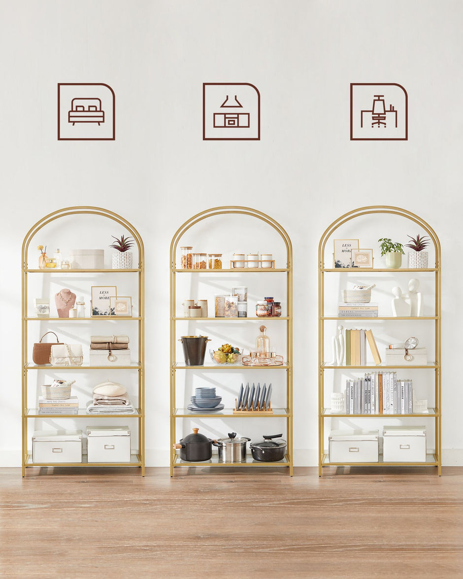 Ladder Shelving Unit – Glass – Gold – 5-Tier Design