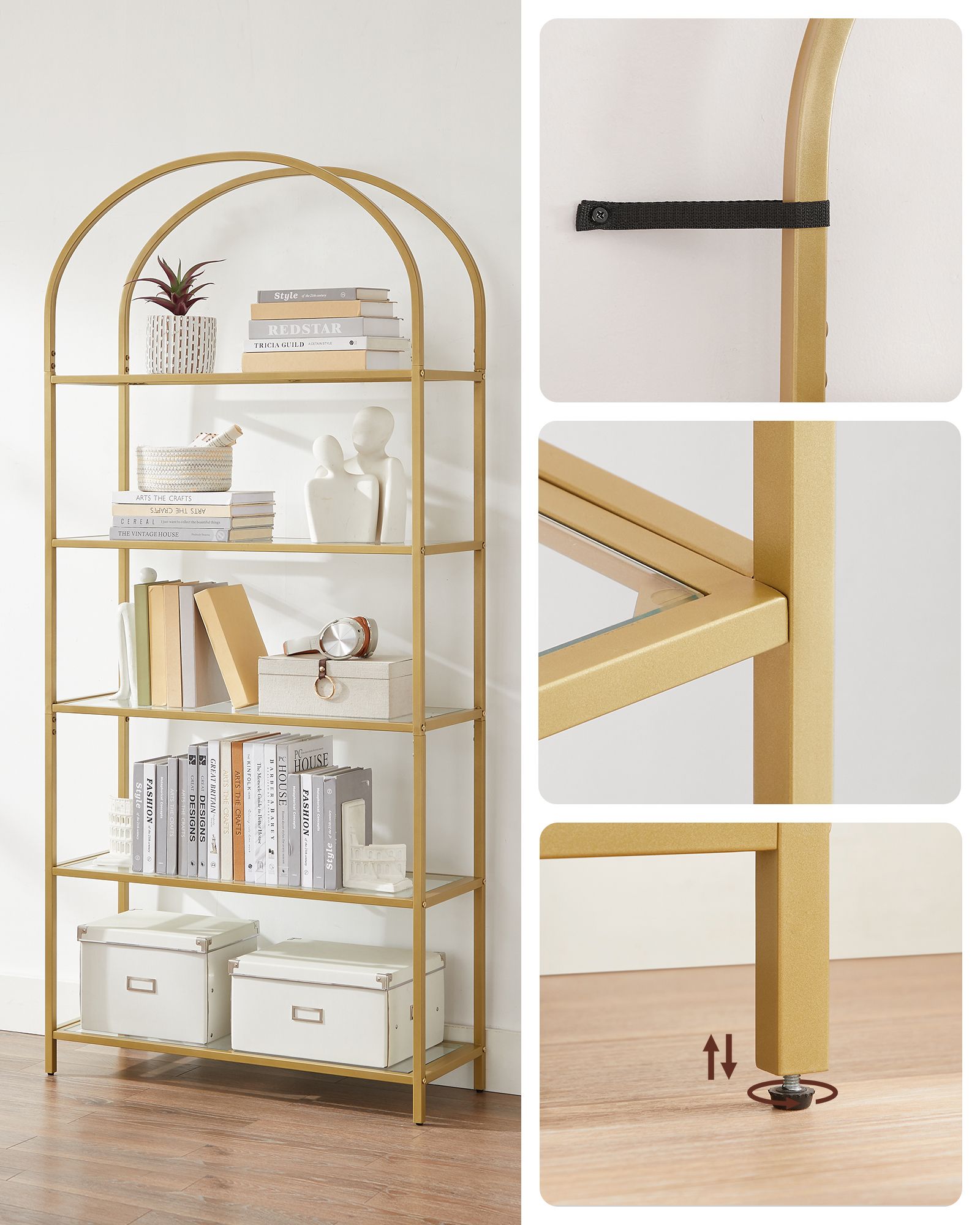 Ladder Shelving Unit – Glass – Gold – 5-Tier Design