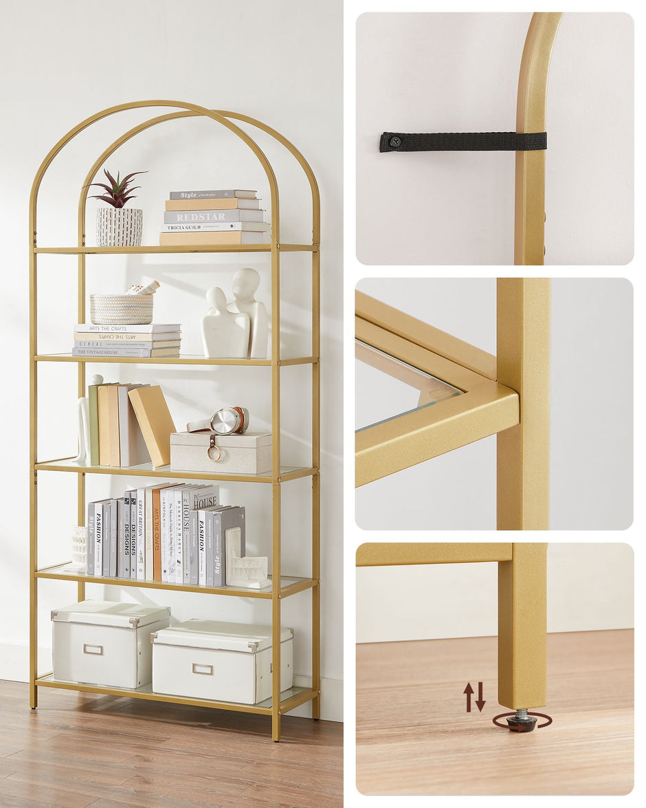 Ladder Shelving Unit – Glass – Gold – 5-Tier Design