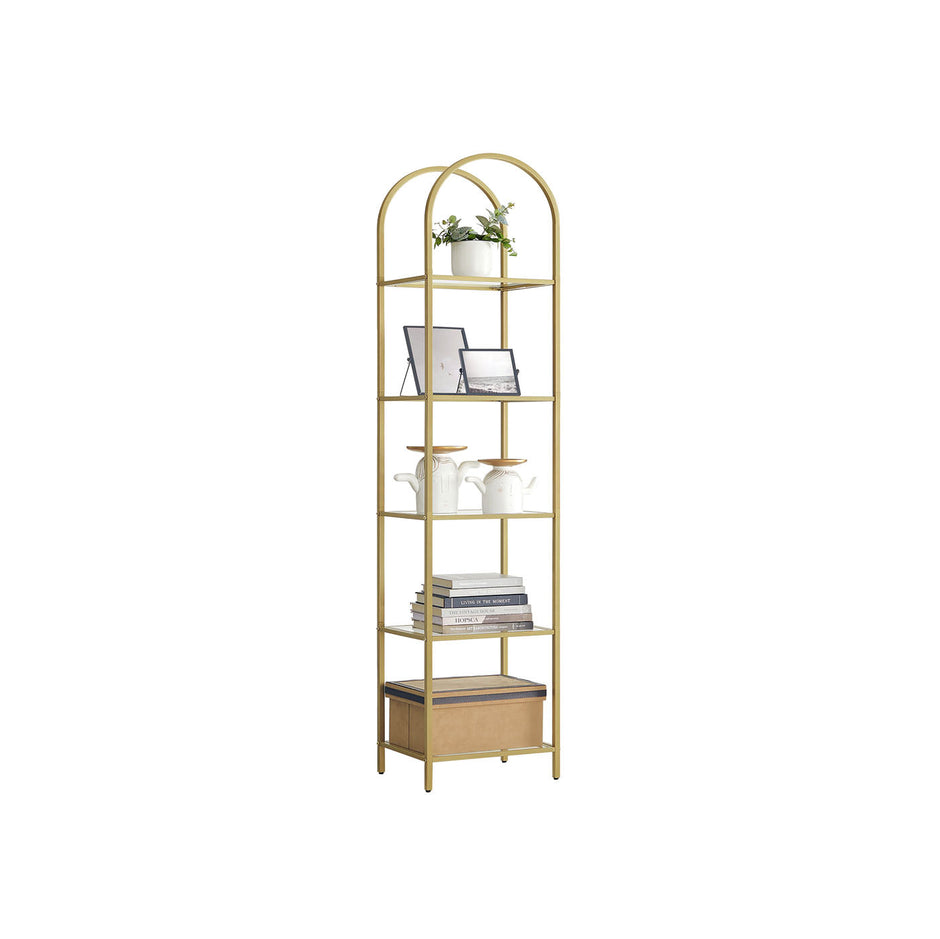 5-Tier Arched Shelf – Tempered Glass & Steel – Metallic Gold – Multi-Room Versatility