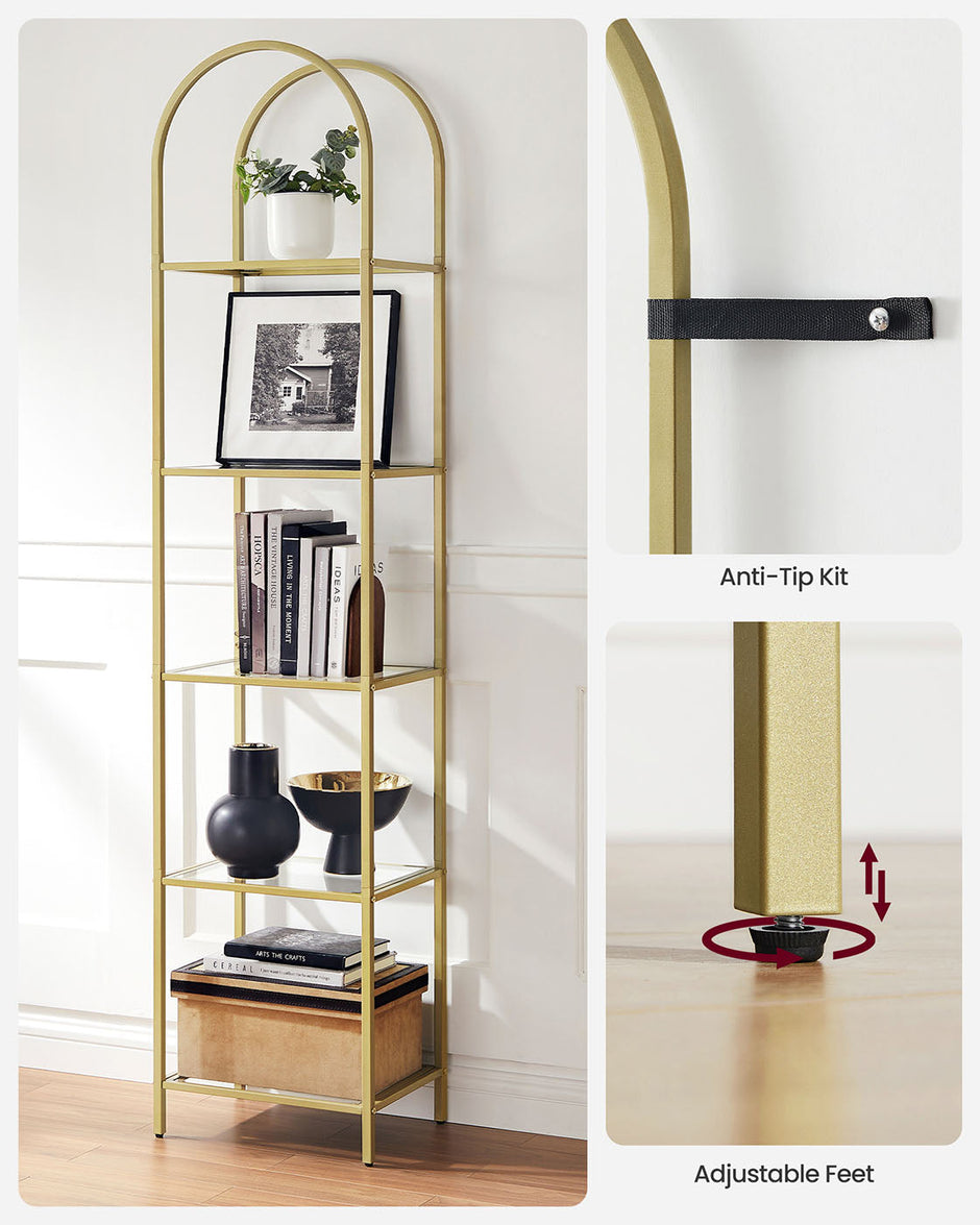 5-Tier Arched Shelf – Tempered Glass & Steel – Metallic Gold – Multi-Room Versatility