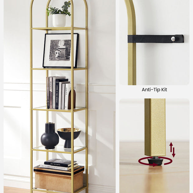 5-Tier Arched Shelf – Tempered Glass & Steel – Metallic Gold – Multi-Room Versatility