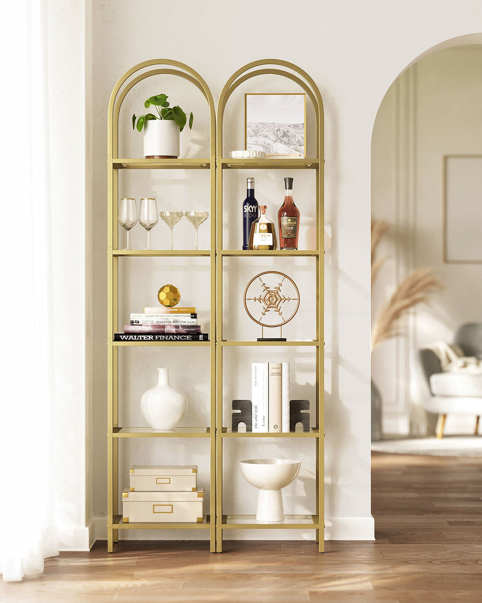 5-Tier Arched Shelf – Tempered Glass & Steel – Metallic Gold – Multi-Room Versatility