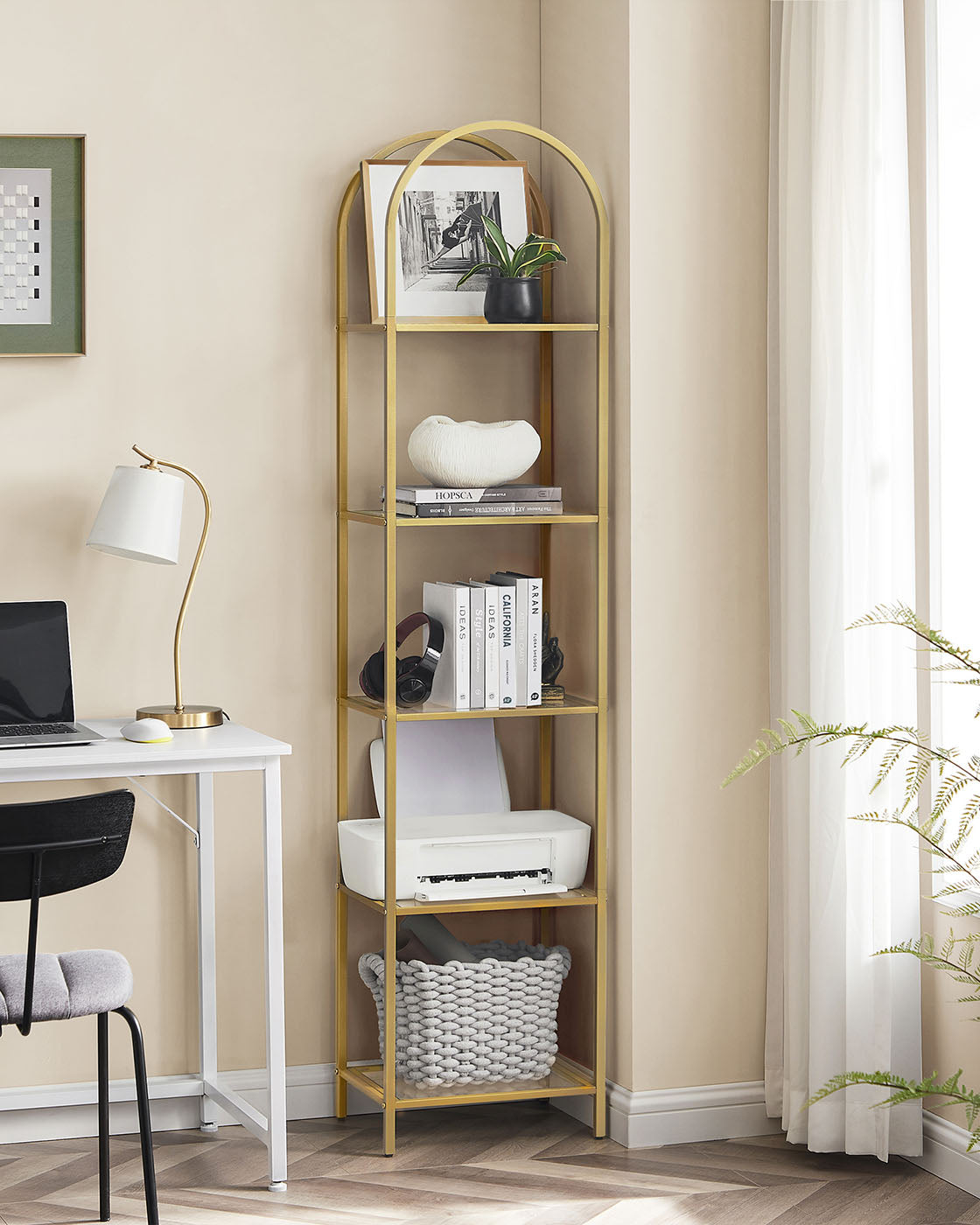 5-Tier Arched Shelf – Tempered Glass & Steel – Metallic Gold – Multi-Room Versatility