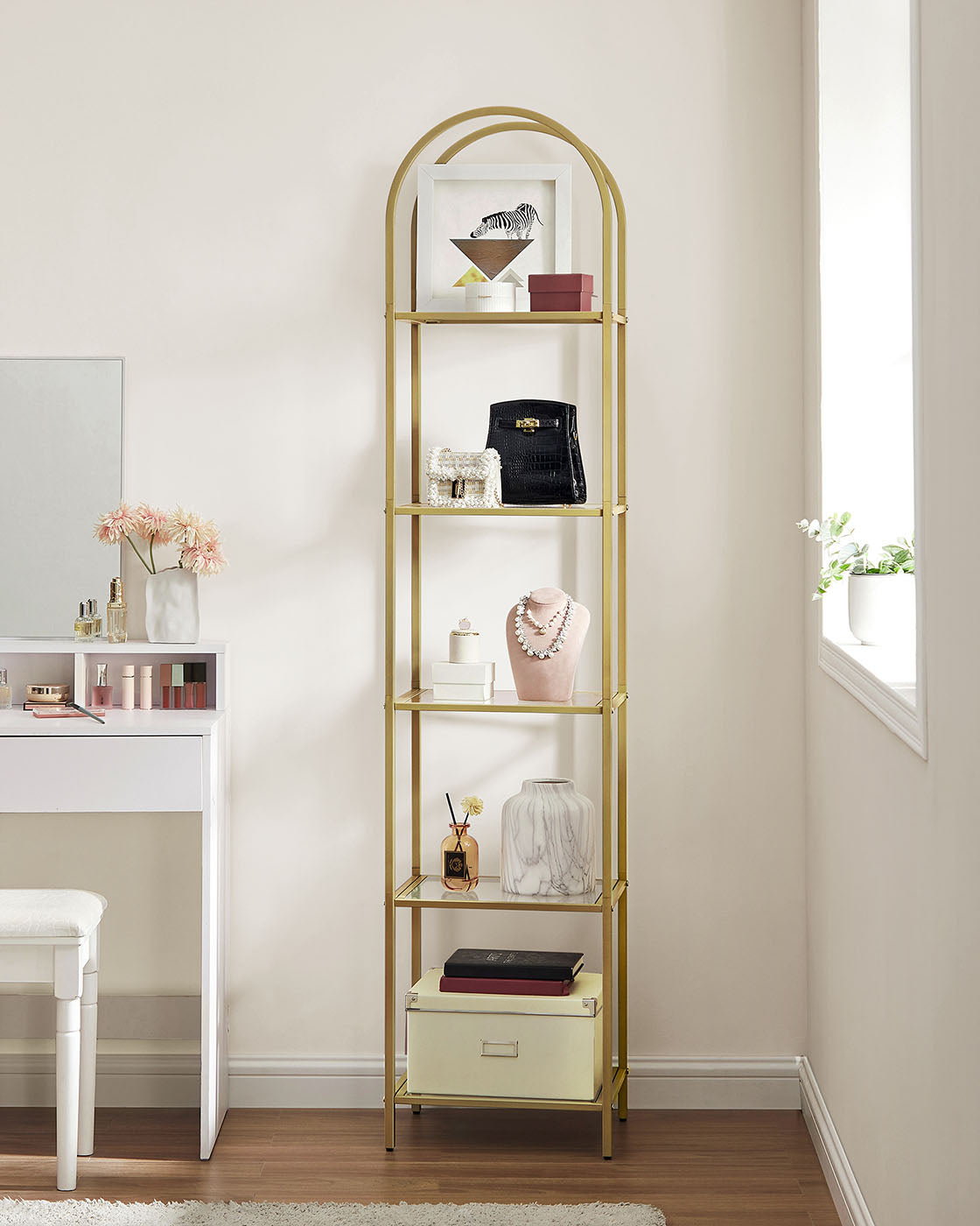 5-Tier Arched Shelf – Tempered Glass & Steel – Metallic Gold – Multi-Room Versatility