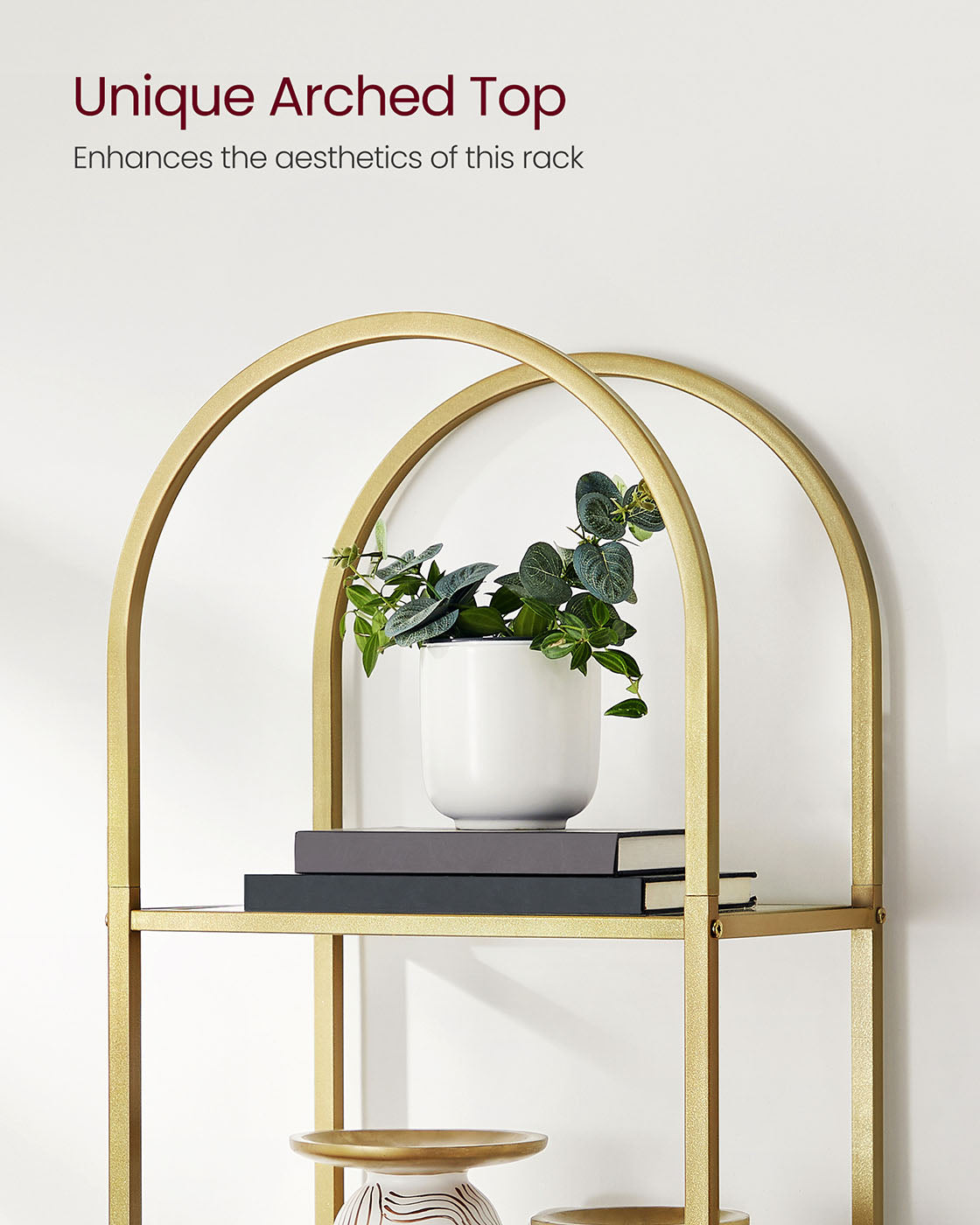 5-Tier Arched Shelf – Tempered Glass & Steel – Metallic Gold – Multi-Room Versatility