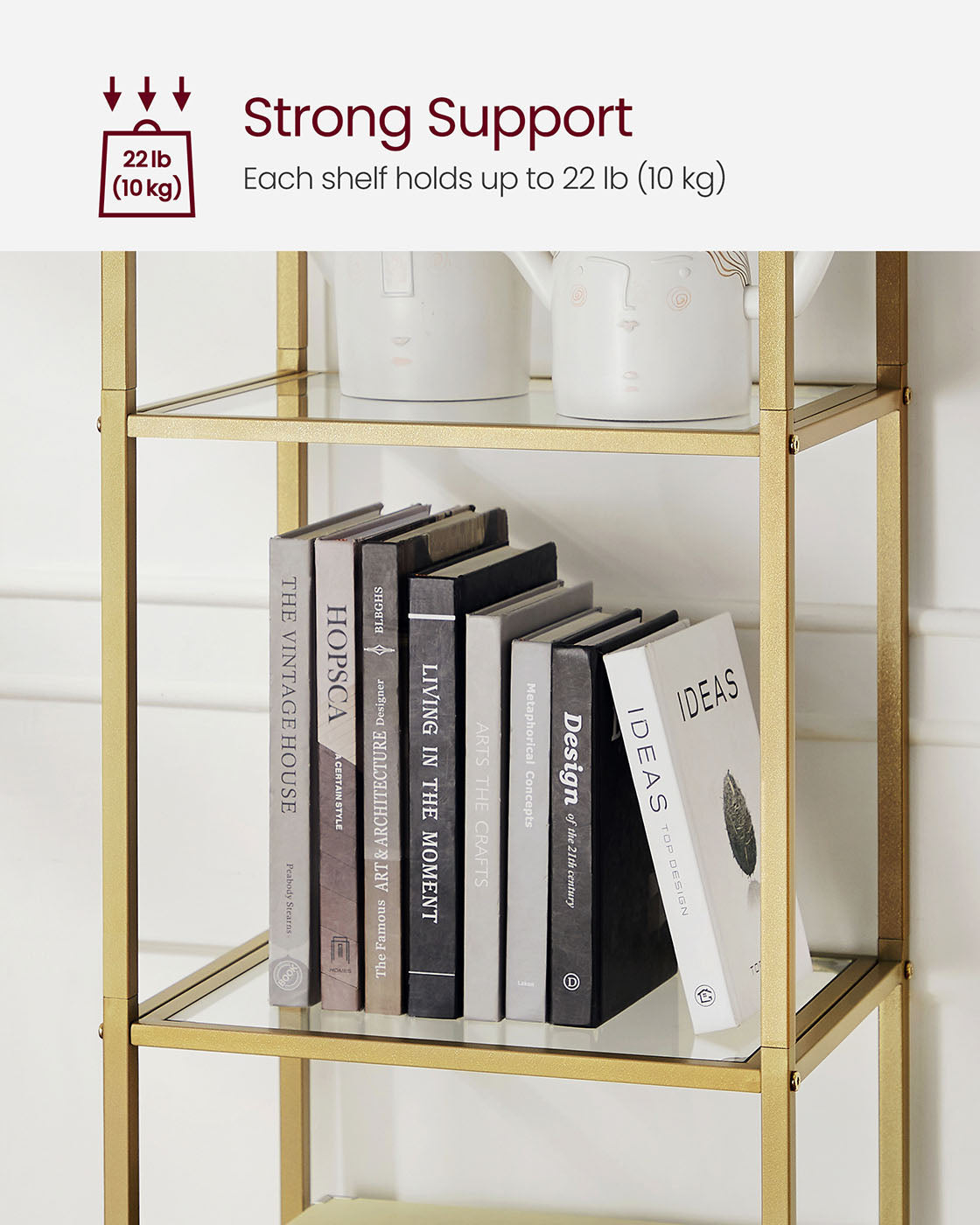 5-Tier Arched Shelf – Tempered Glass & Steel – Metallic Gold – Multi-Room Versatility