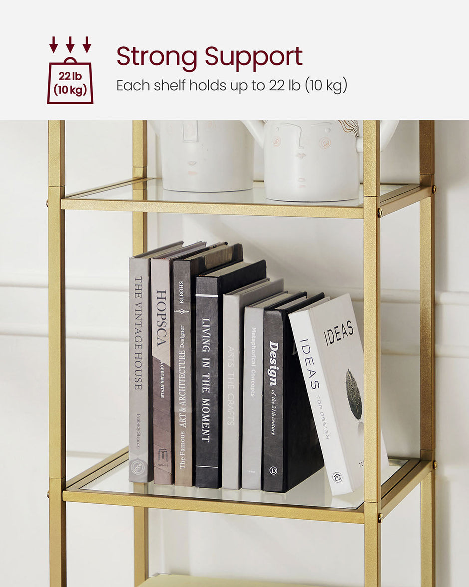 5-Tier Arched Shelf – Tempered Glass & Steel – Metallic Gold – Multi-Room Versatility