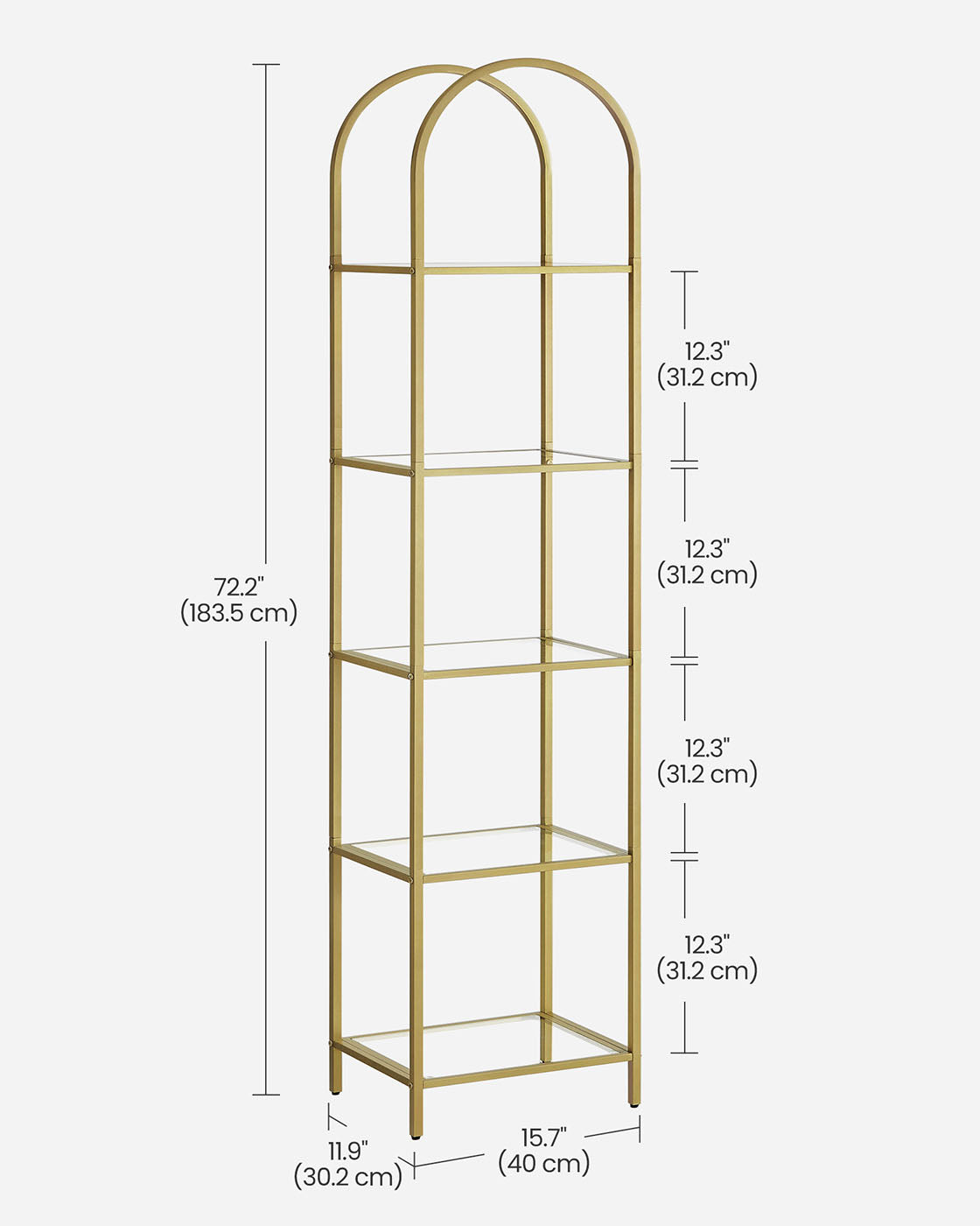 5-Tier Arched Shelf – Tempered Glass & Steel – Metallic Gold – Multi-Room Versatility