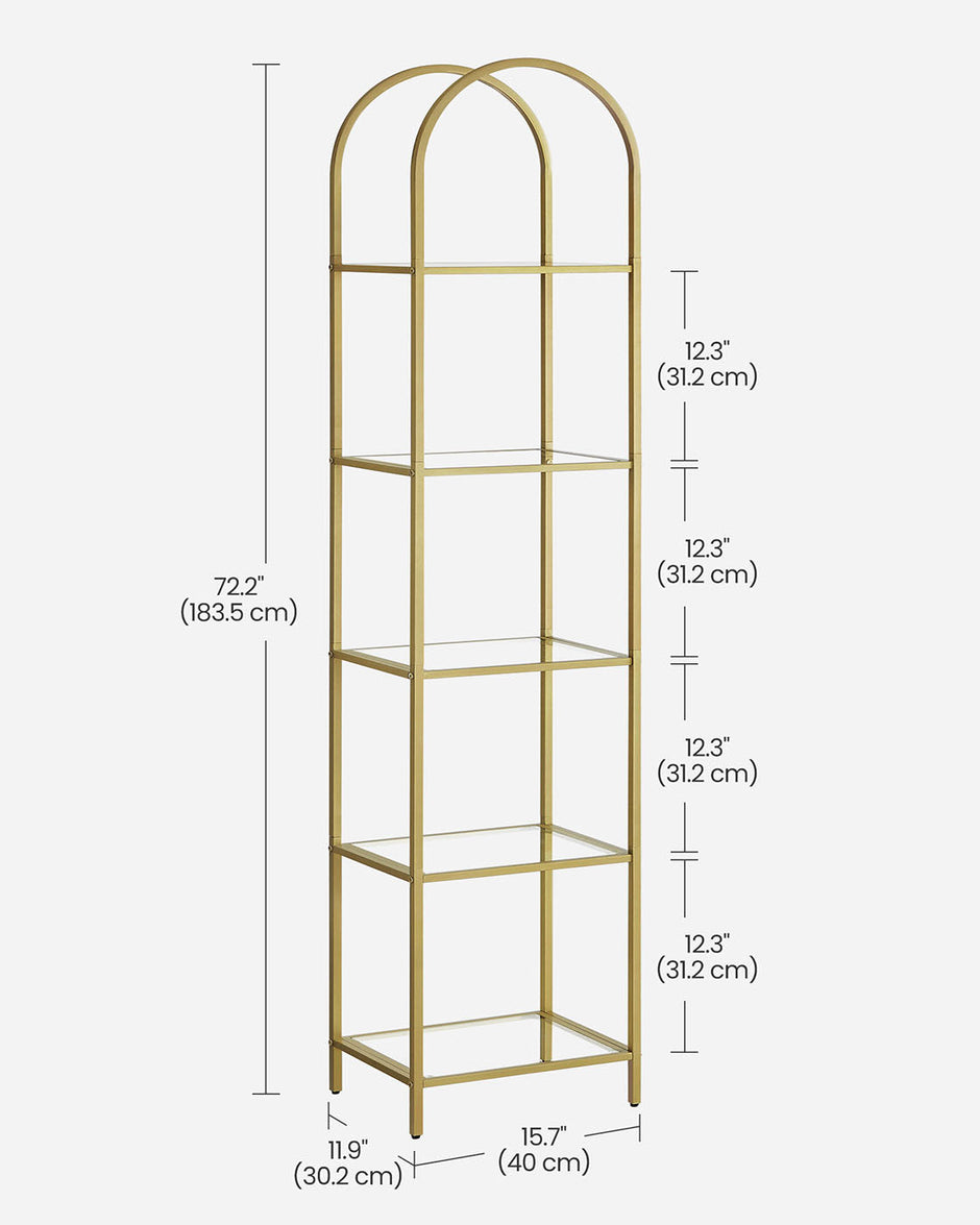 5-Tier Arched Shelf – Tempered Glass & Steel – Metallic Gold – Multi-Room Versatility