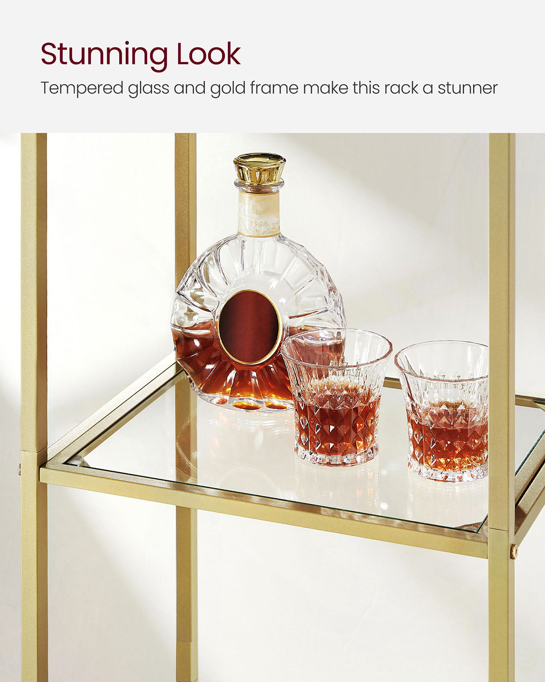 5-Tier Arched Shelf – Tempered Glass & Steel – Metallic Gold – Multi-Room Versatility