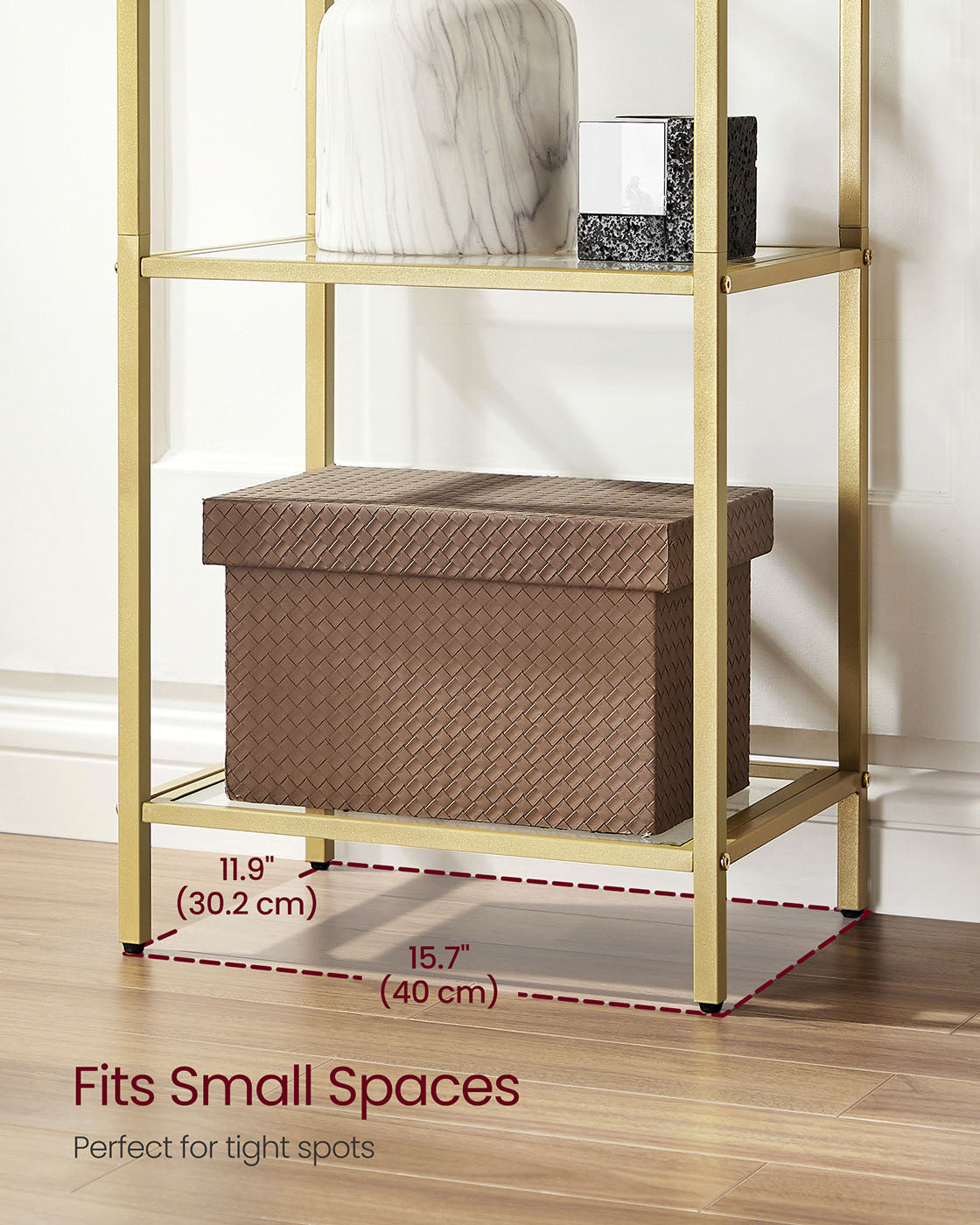 5-Tier Arched Shelf – Tempered Glass & Steel – Metallic Gold – Multi-Room Versatility