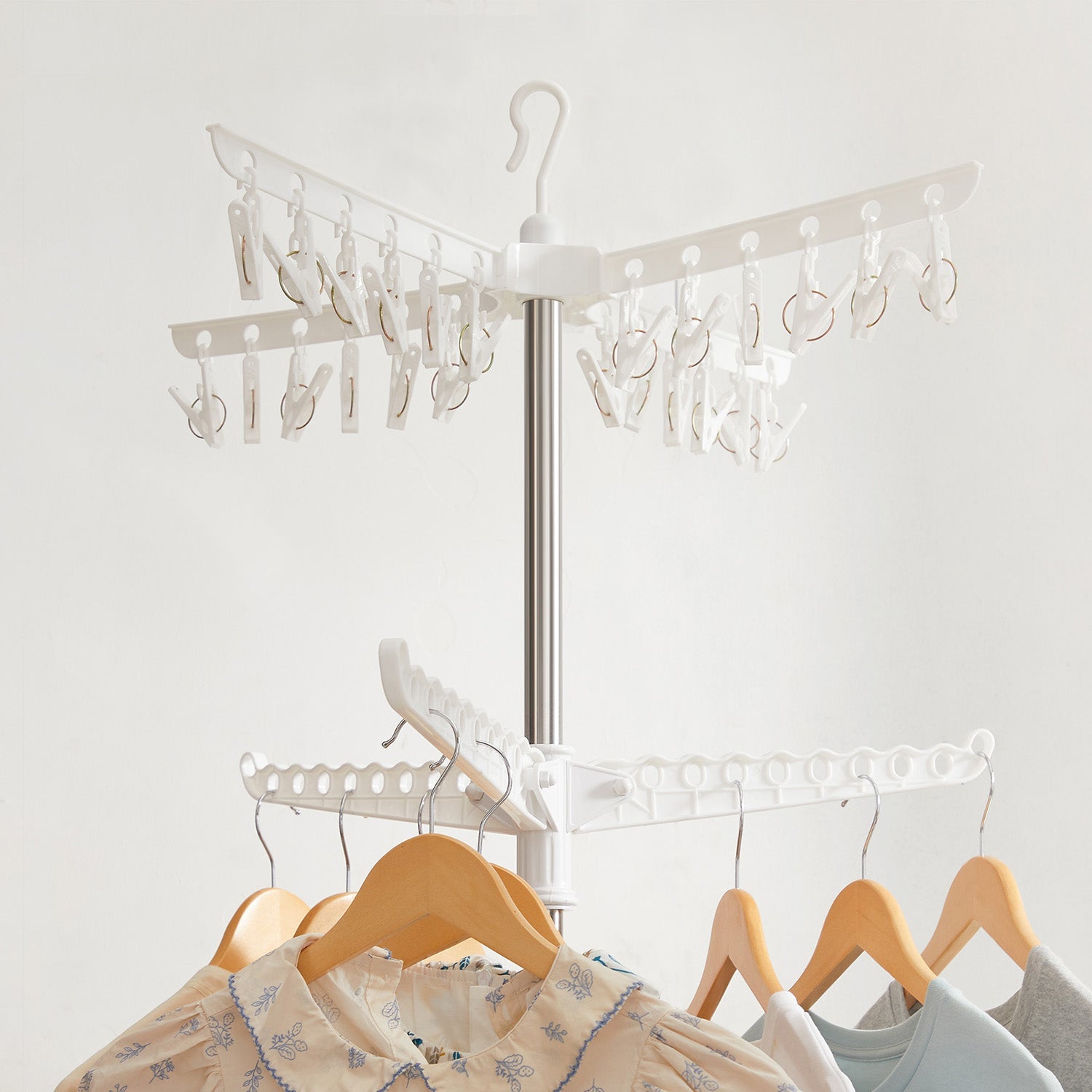 Clothes Drying Rack – Stainless Steel – White and Silver – 3 Rotatable Arms, 4-Leg Indoor Folding Design, 183 cm High