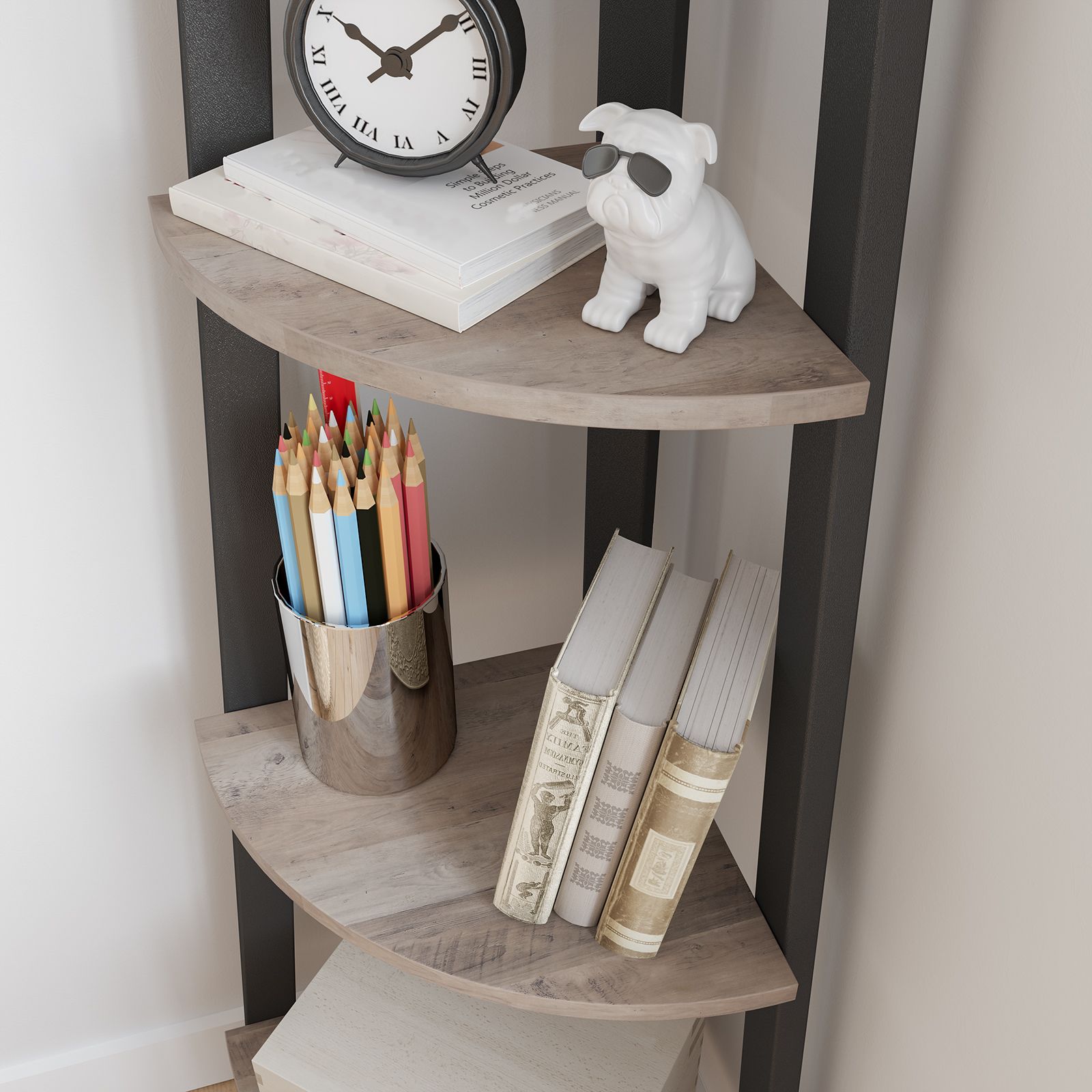 4-Tier Corner Shelf – MDF and Metal – Rustic Brown – Industrial Design Organizer