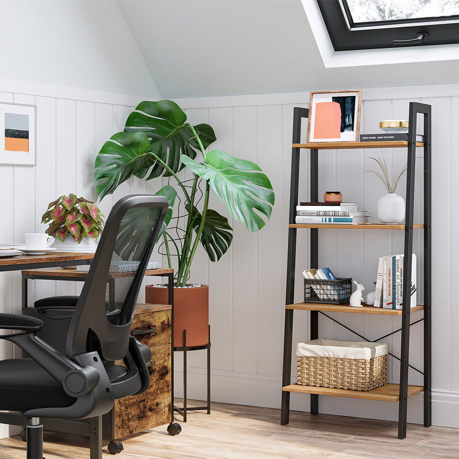 Ladder Shelf – Engineered Wood – Hazelnut Brown and Black – 4-Tier Industrial Design