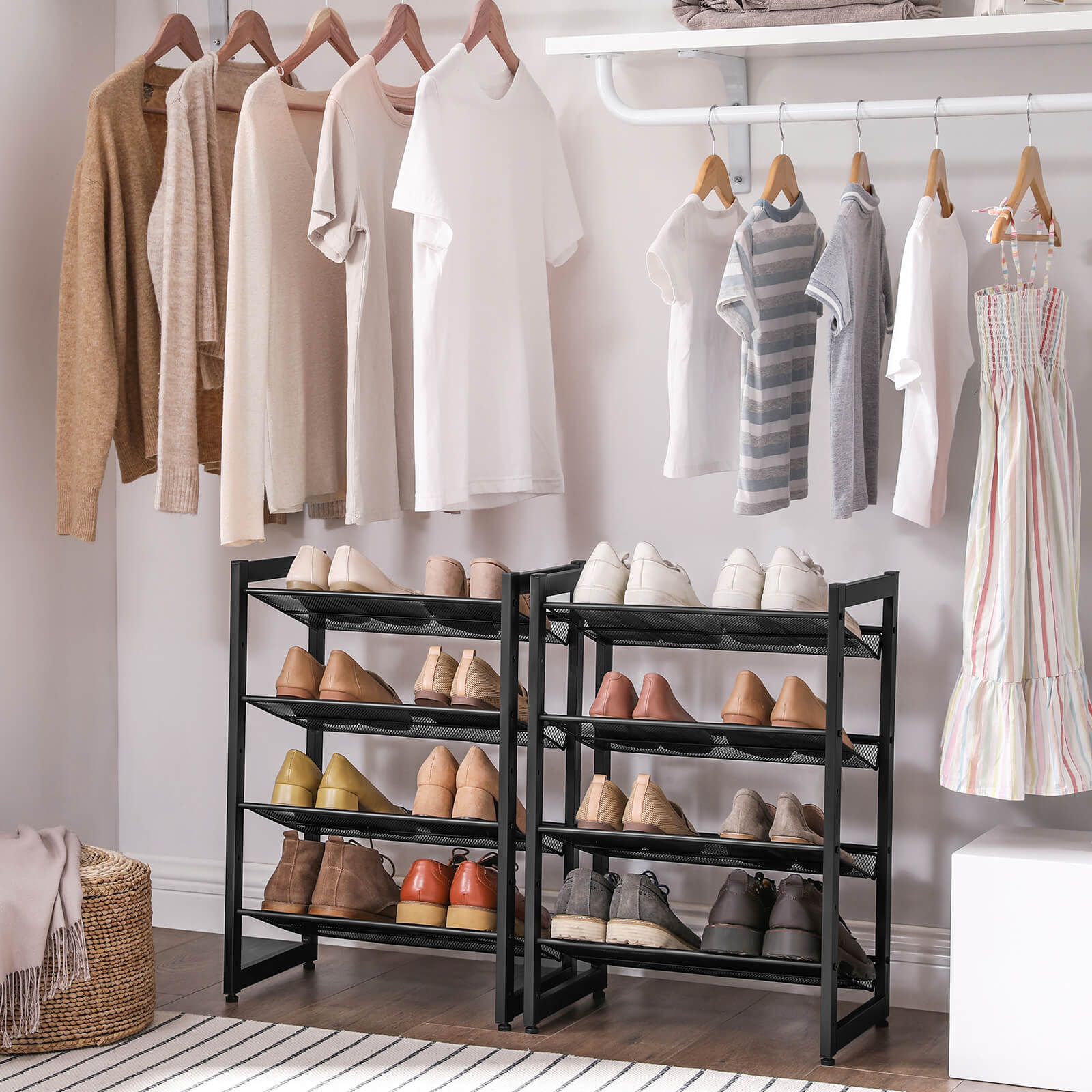Stackable 4-Tier Shoe Organiser – Metal Mesh – Black – Compact Large Capacity for 16-24 Pairs