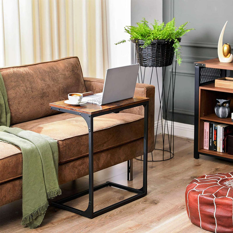 Sofa Side Table – Steel – Rustic Brown and Black – Tilting Top, Heavy Duty