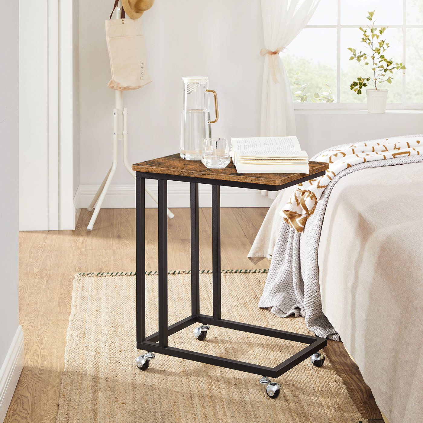End Table – Metal Frame – Rustic Brown – Rolling Castors, Easy Assembly