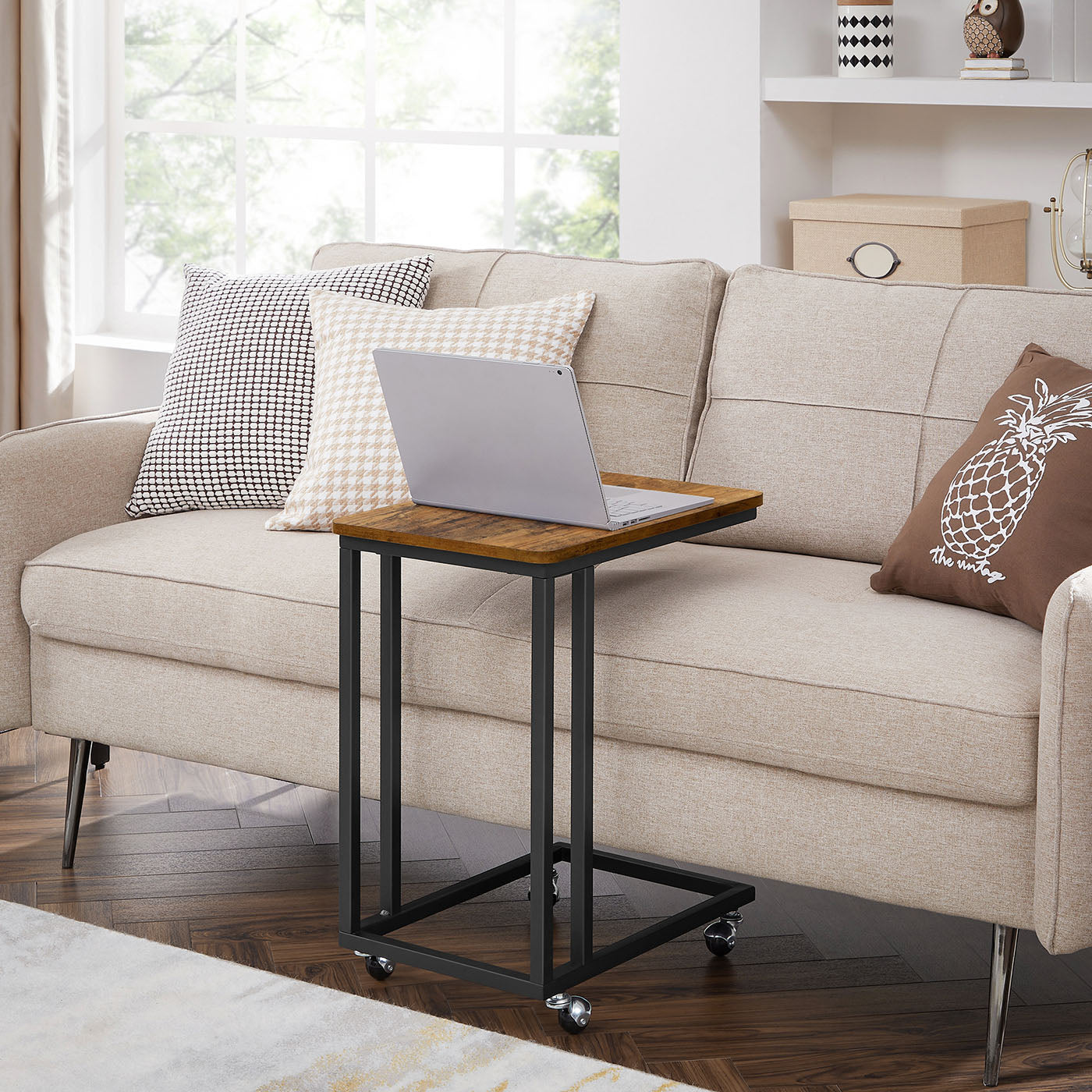 End Table – Metal Frame – Rustic Brown – Rolling Castors, Easy Assembly